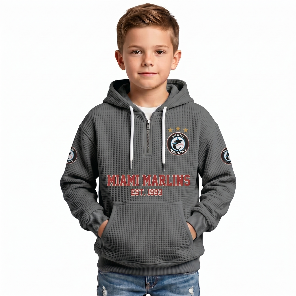 Miami Marlins EST 1993 Kids Baseball Fan Printed Waffle Quarter Zip Hoodie