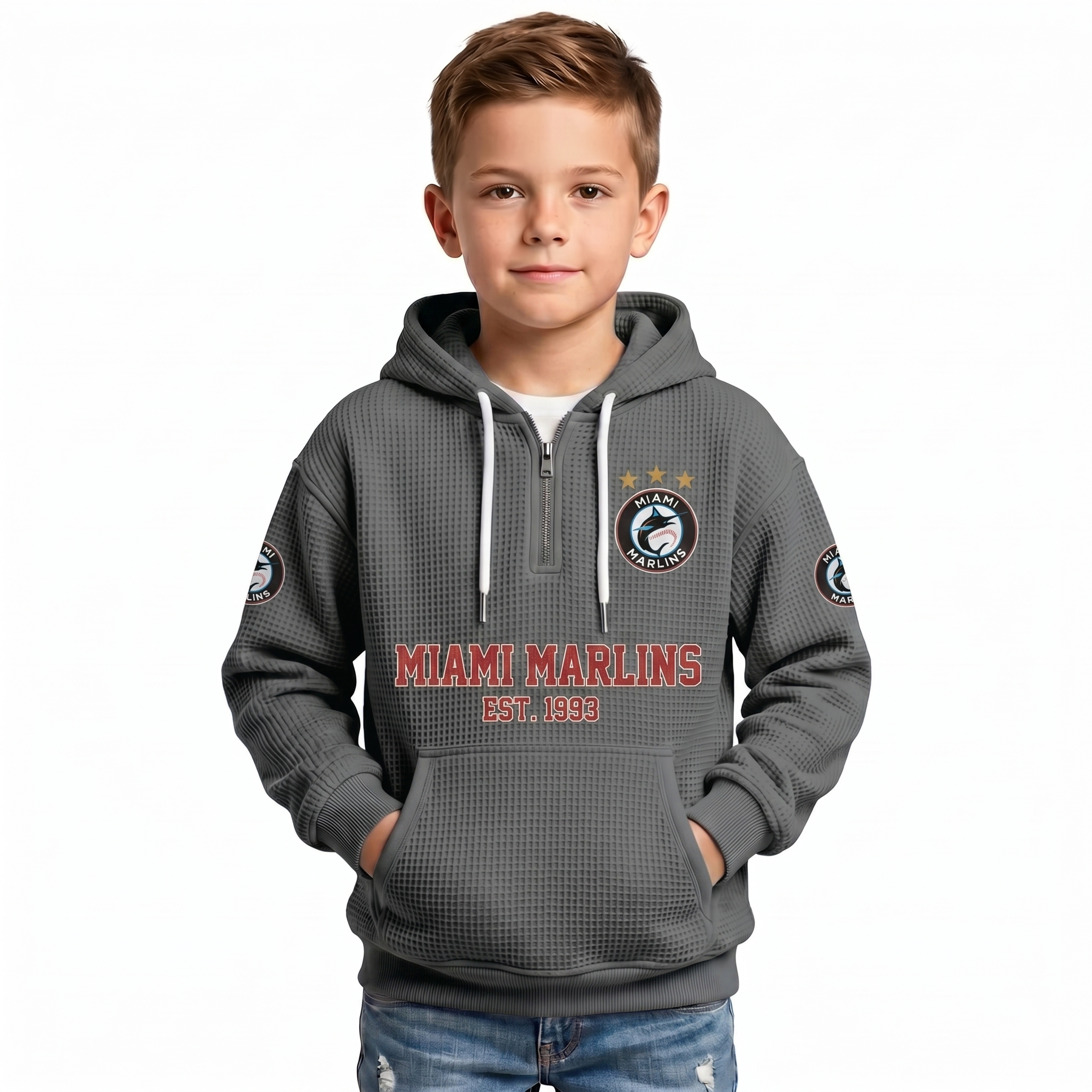 Miami Marlins EST 1993 Kids Baseball Fan Printed Waffle Quarter Zip Hoodie