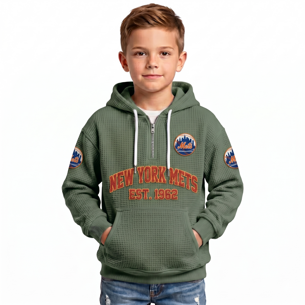 New York Mets EST 1962 Kids Baseball Fan Printed Waffle Quarter Zip Hoodie