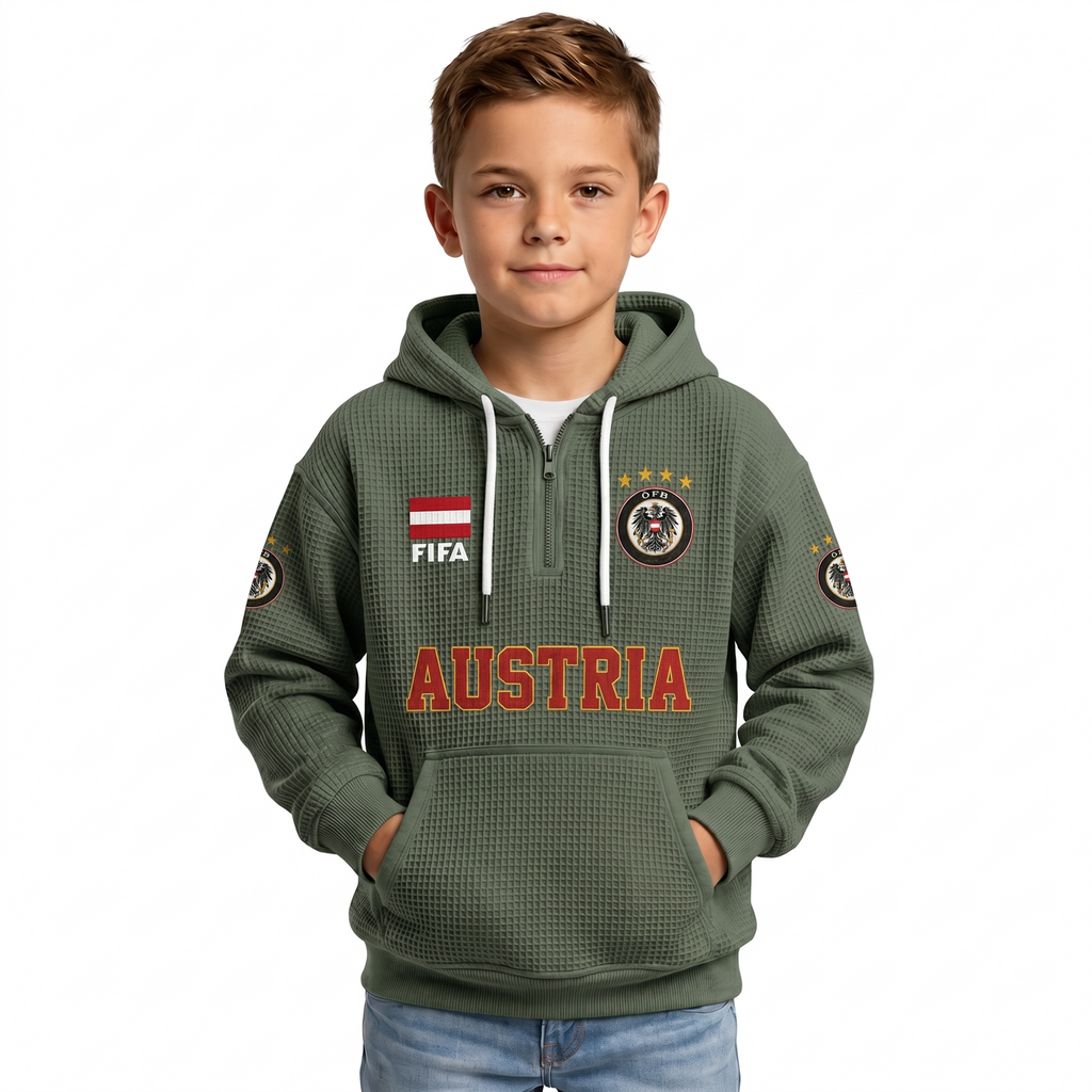 FIFA 2026 Austria Printed Waffle Quarter Zip Kids Football Fan Hoodie