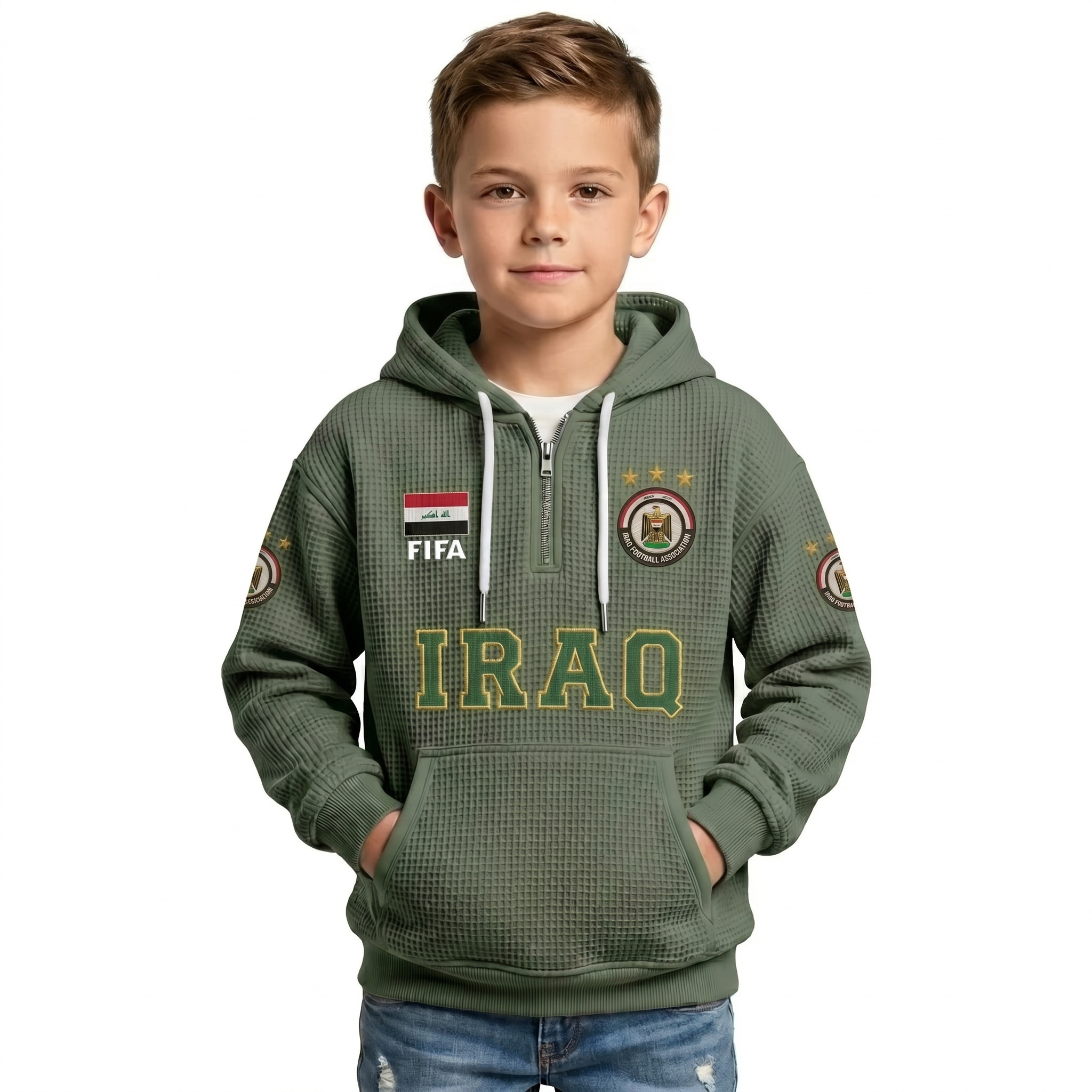FIFA 2026 Iraq Printed Waffle Quarter Zip Kids Football Fan Hoodie