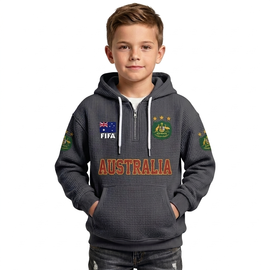 FIFA 2026 Australia Printed Waffle Quarter Zip Kids Football Fan Hoodie