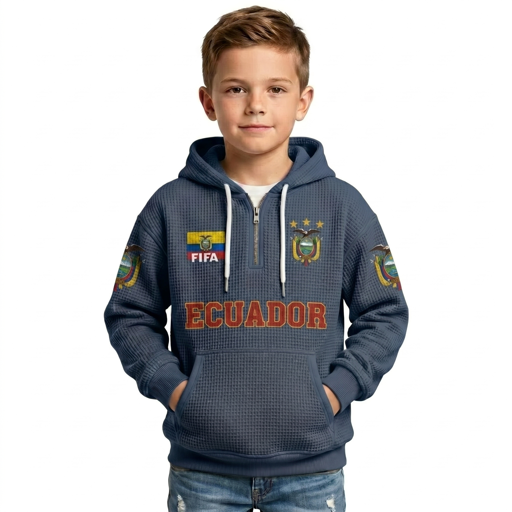 FIFA 2026 Ecuador Printed Waffle Quarter Zip Kids Football Fan Hoodie