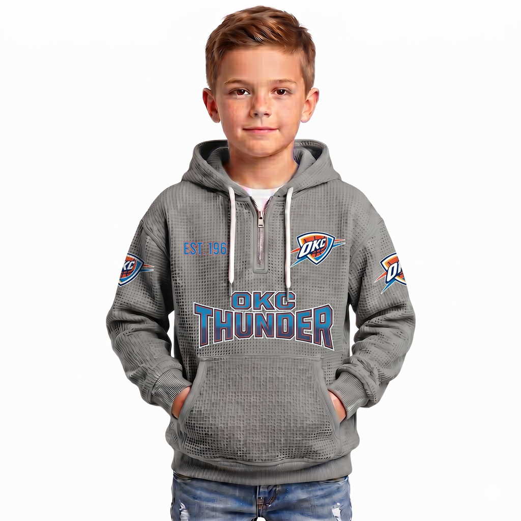 Oklahoma City Thunder EST 1967 Kids Baseball Fan Printed Waffle Quarter Zip Hoodie