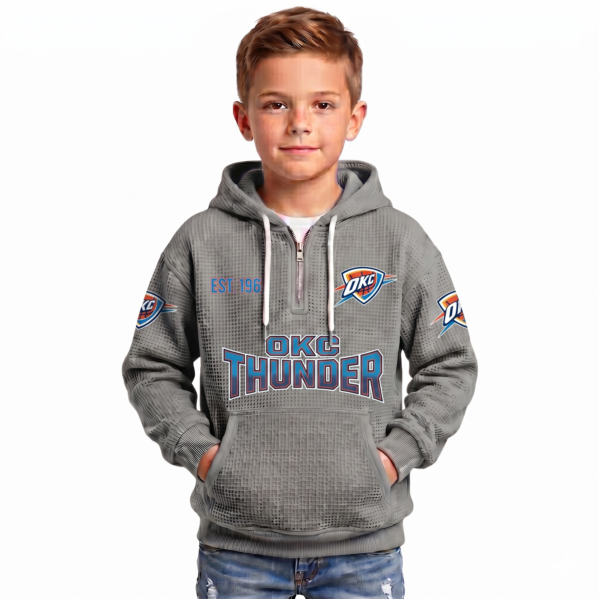 Oklahoma City Thunder EST 1967 Kids Baseball Fan Printed Waffle Quarter Zip Hoodie