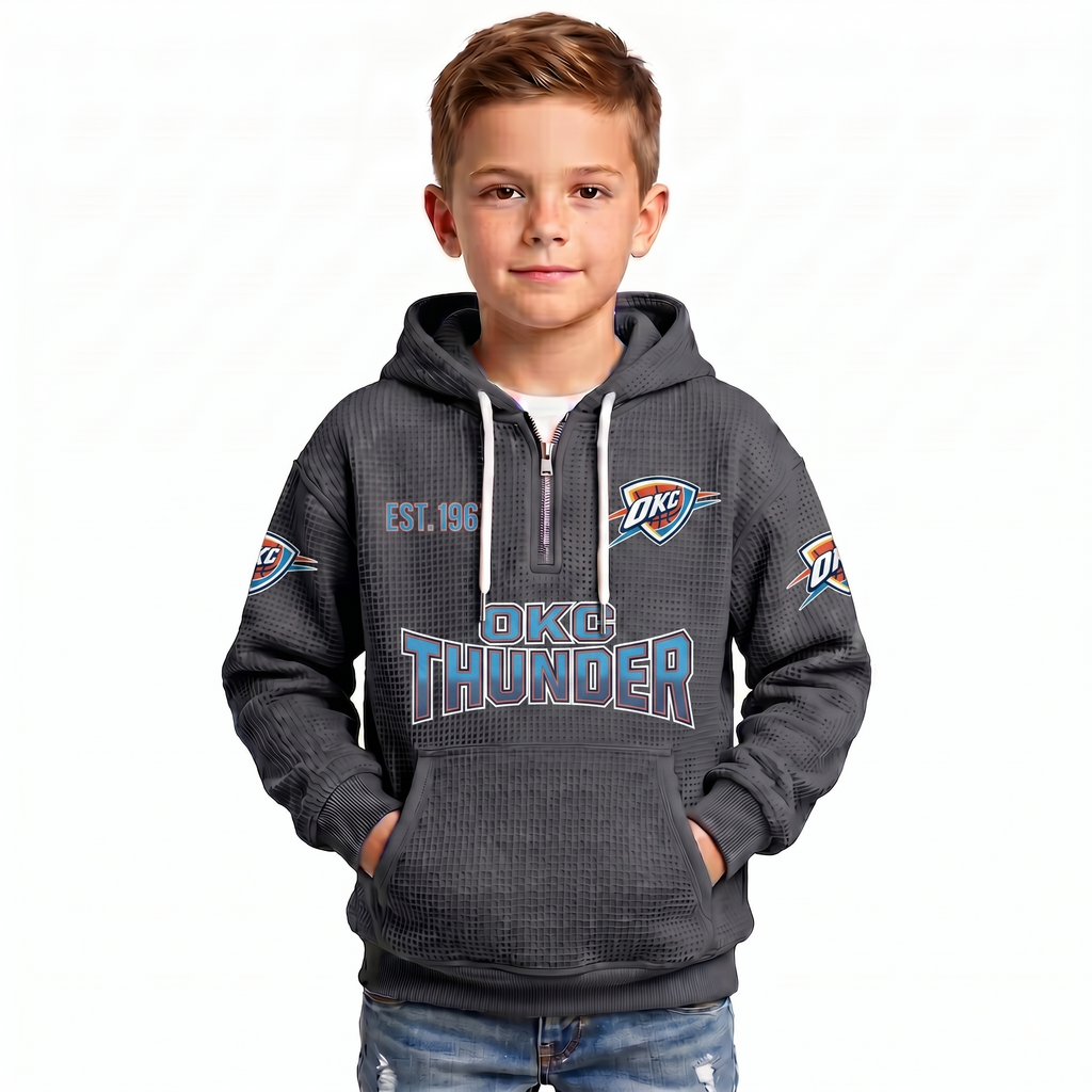 Oklahoma City Thunder EST 1967 Kids Baseball Fan Printed Waffle Quarter Zip Hoodie