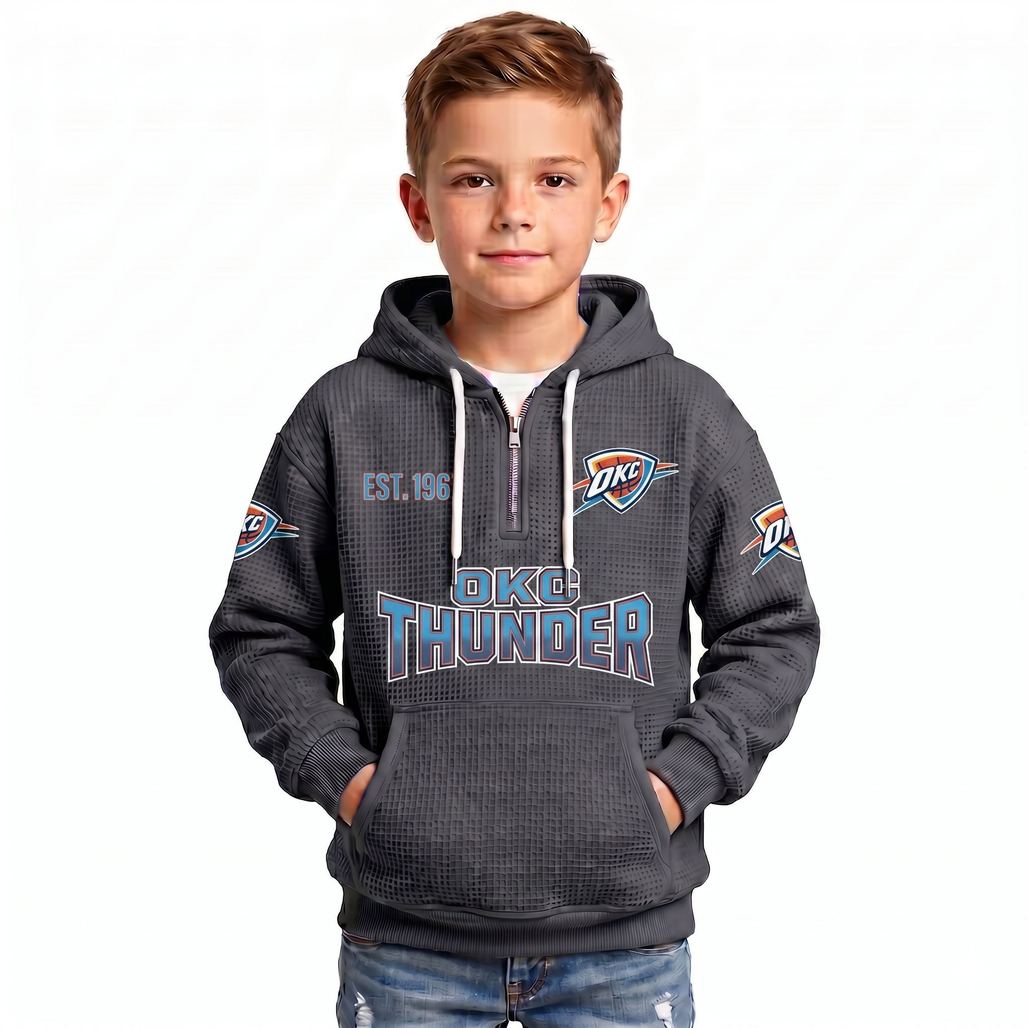 Oklahoma City Thunder EST 1967 Kids Baseball Fan Printed Waffle Quarter Zip Hoodie