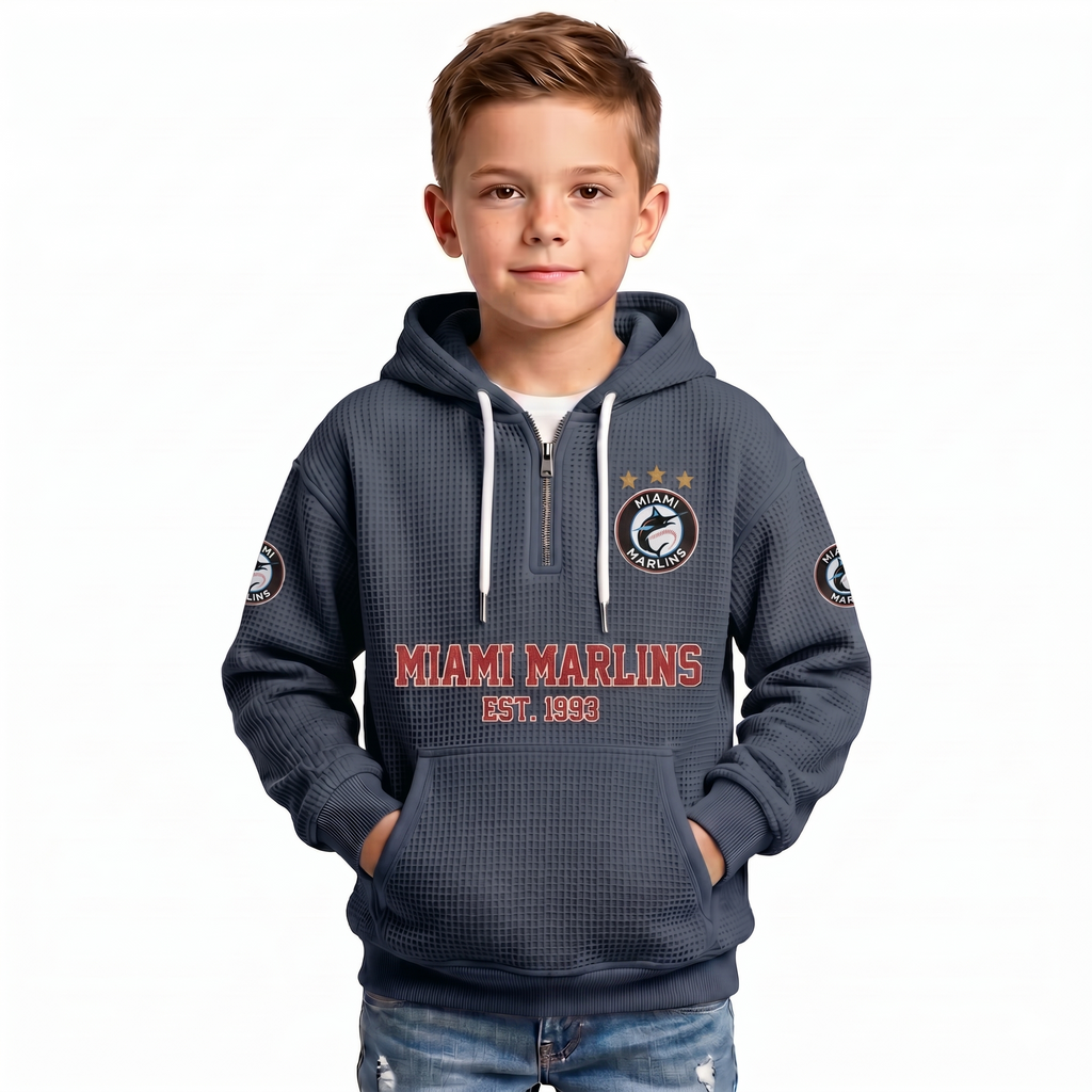 Miami Marlins EST 1993 Kids Baseball Fan Printed Waffle Quarter Zip Hoodie