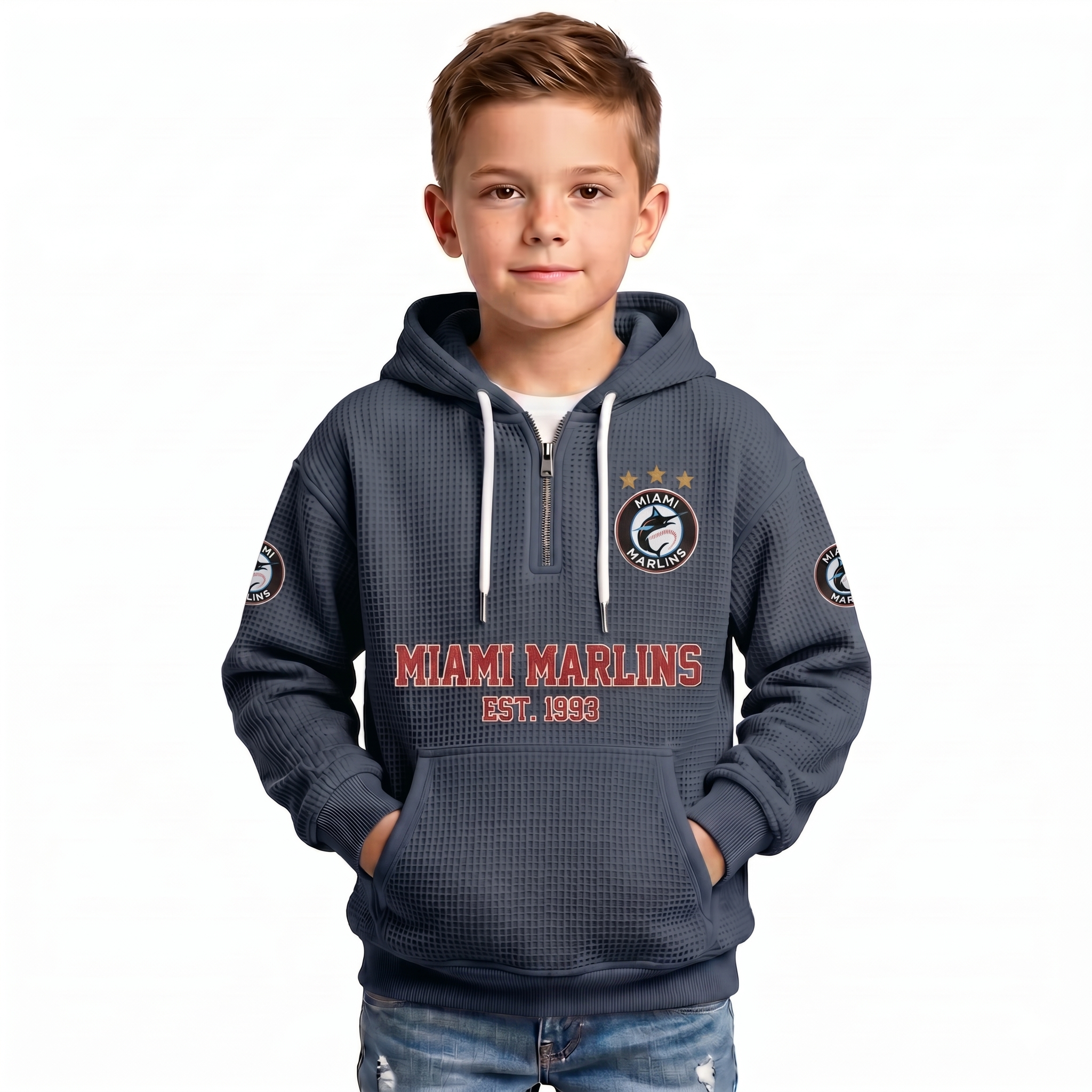 Miami Marlins EST 1993 Kids Baseball Fan Printed Waffle Quarter Zip Hoodie