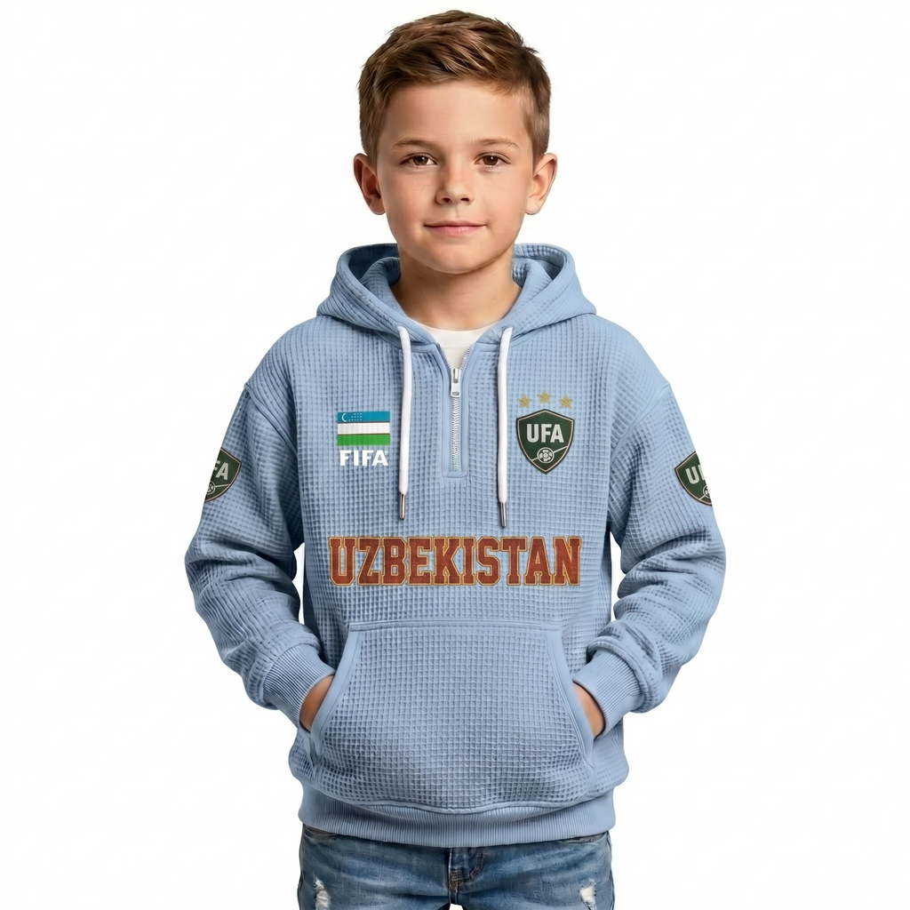 FIFA 2026 Uzbekistan Printed Waffle Quarter Zip Kids Football Fan Hoodie