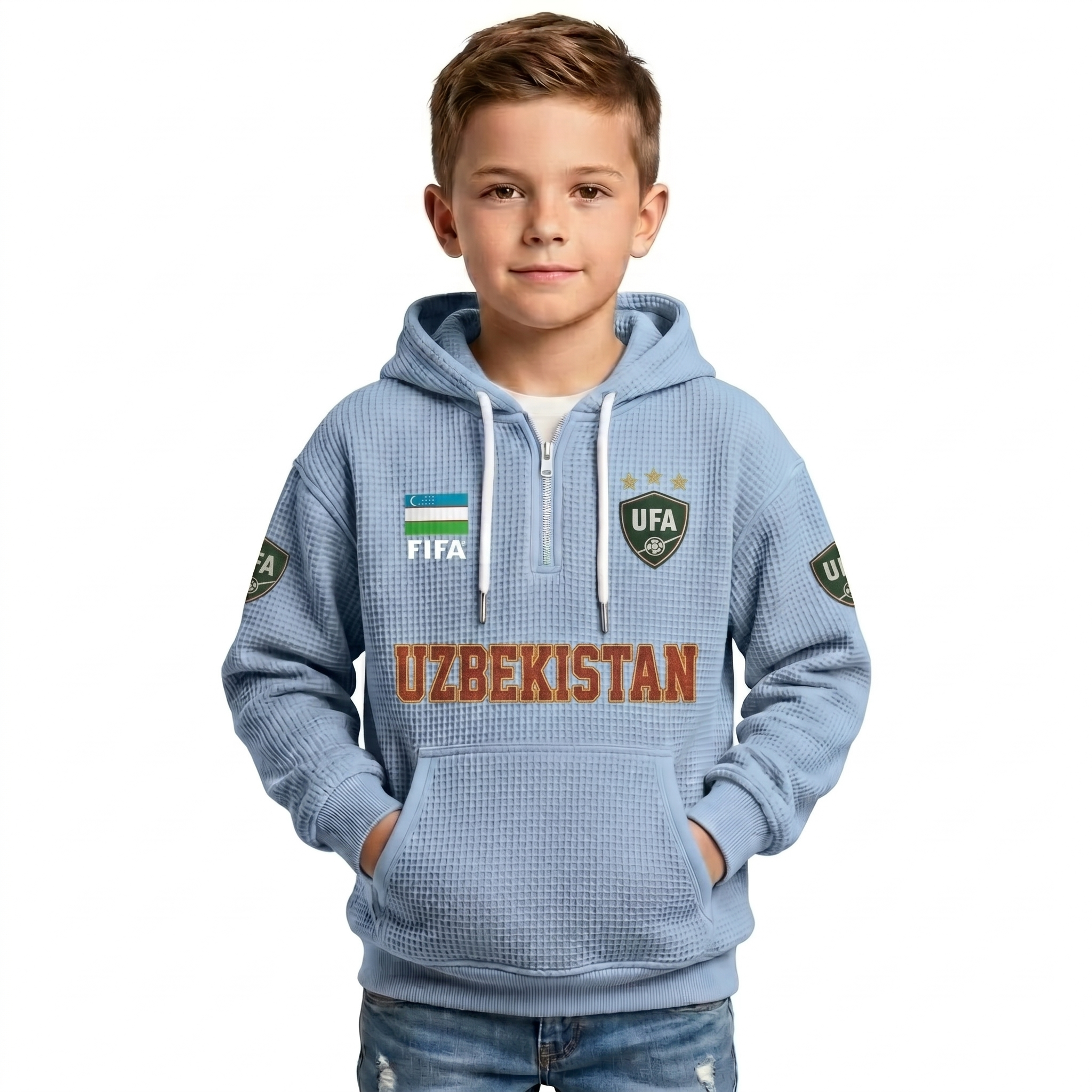 FIFA 2026 Uzbekistan Printed Waffle Quarter Zip Kids Football Fan Hoodie