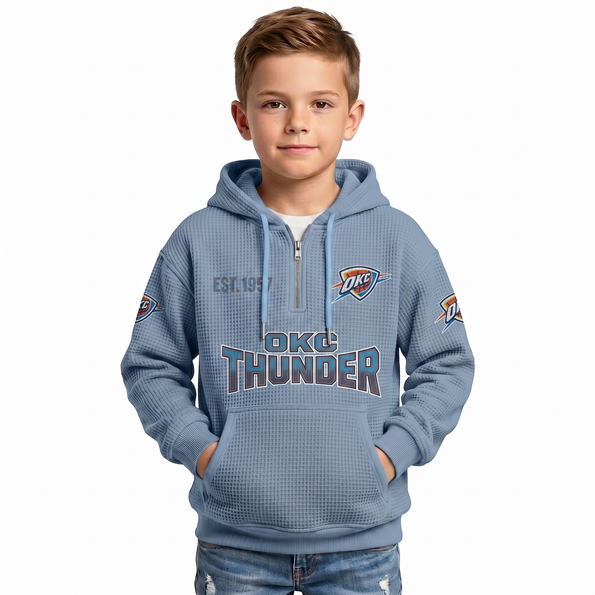 Oklahoma City Thunder EST 1967 Kids Baseball Fan Printed Waffle Quarter Zip Hoodie