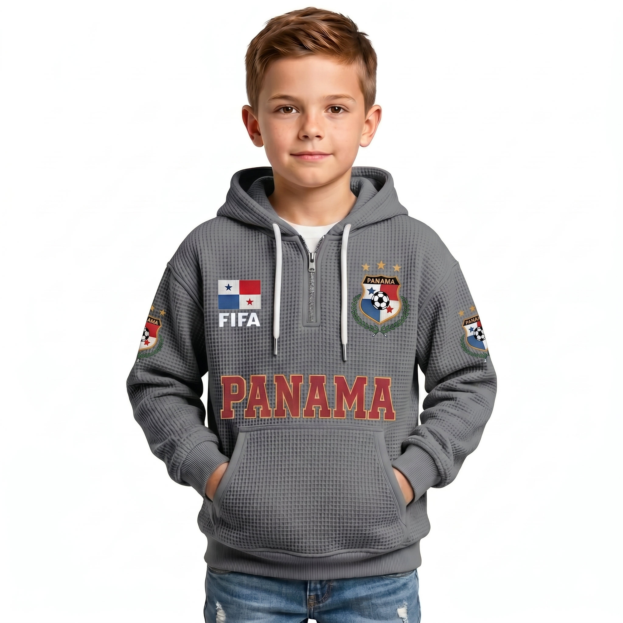 FIFA 2026 Panama Printed Waffle Quarter Zip Kids Football Fan Hoodie