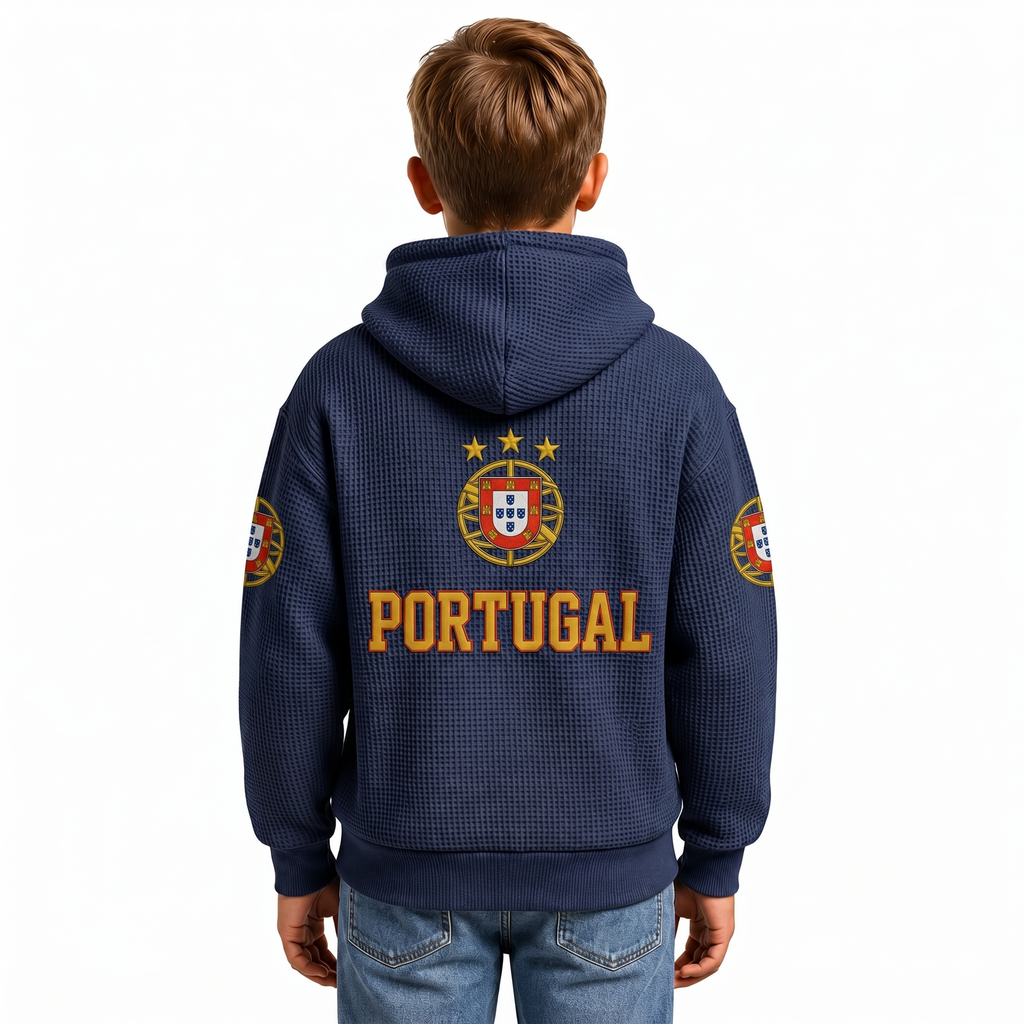 FIFA 2026 Portugal Printed Waffle Quarter Zip Kids Football Fan Hoodie