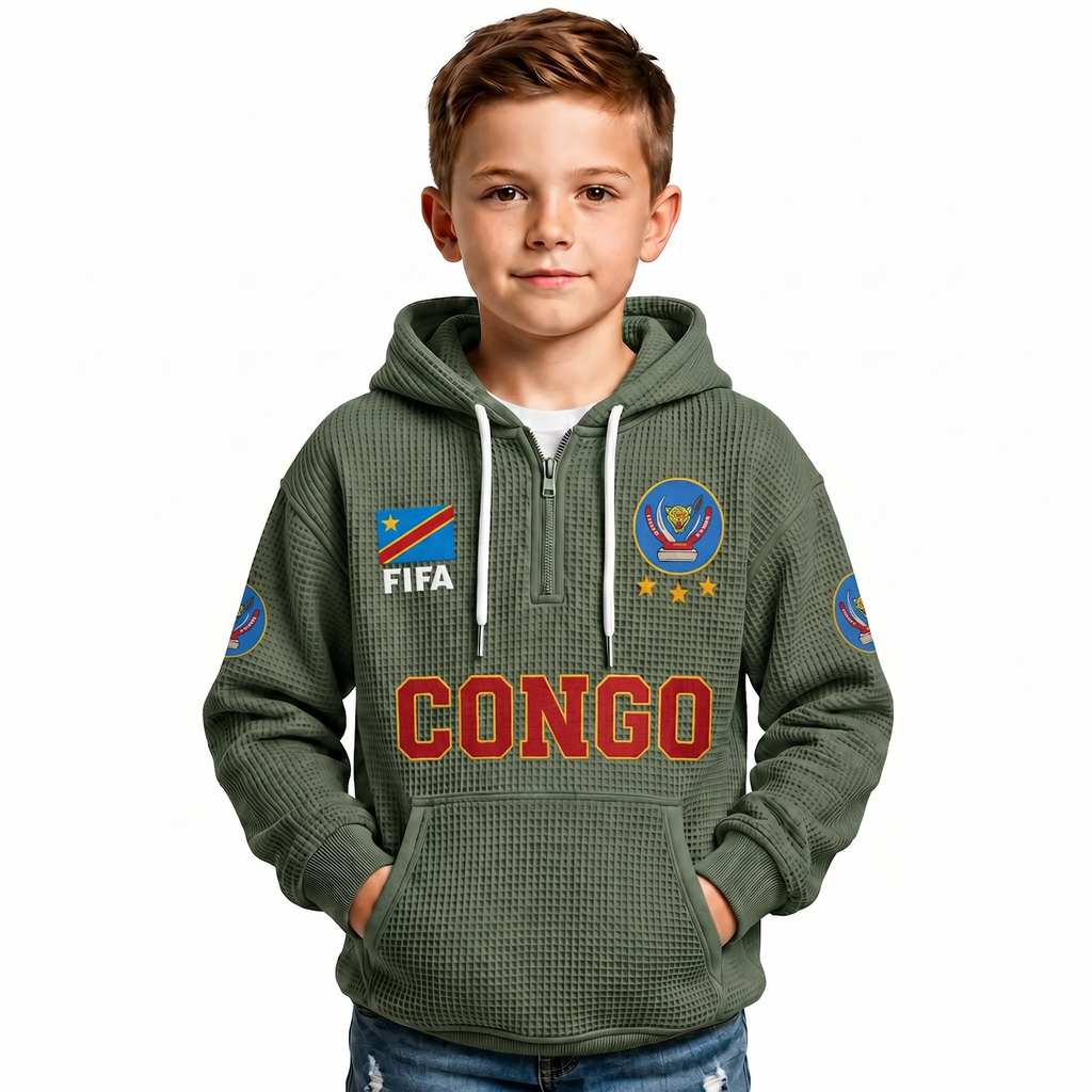 FIFA 2026 Democratic Republic Of The Congo Printed Waffle Quarter Zip Kids Football Fan Hoodie