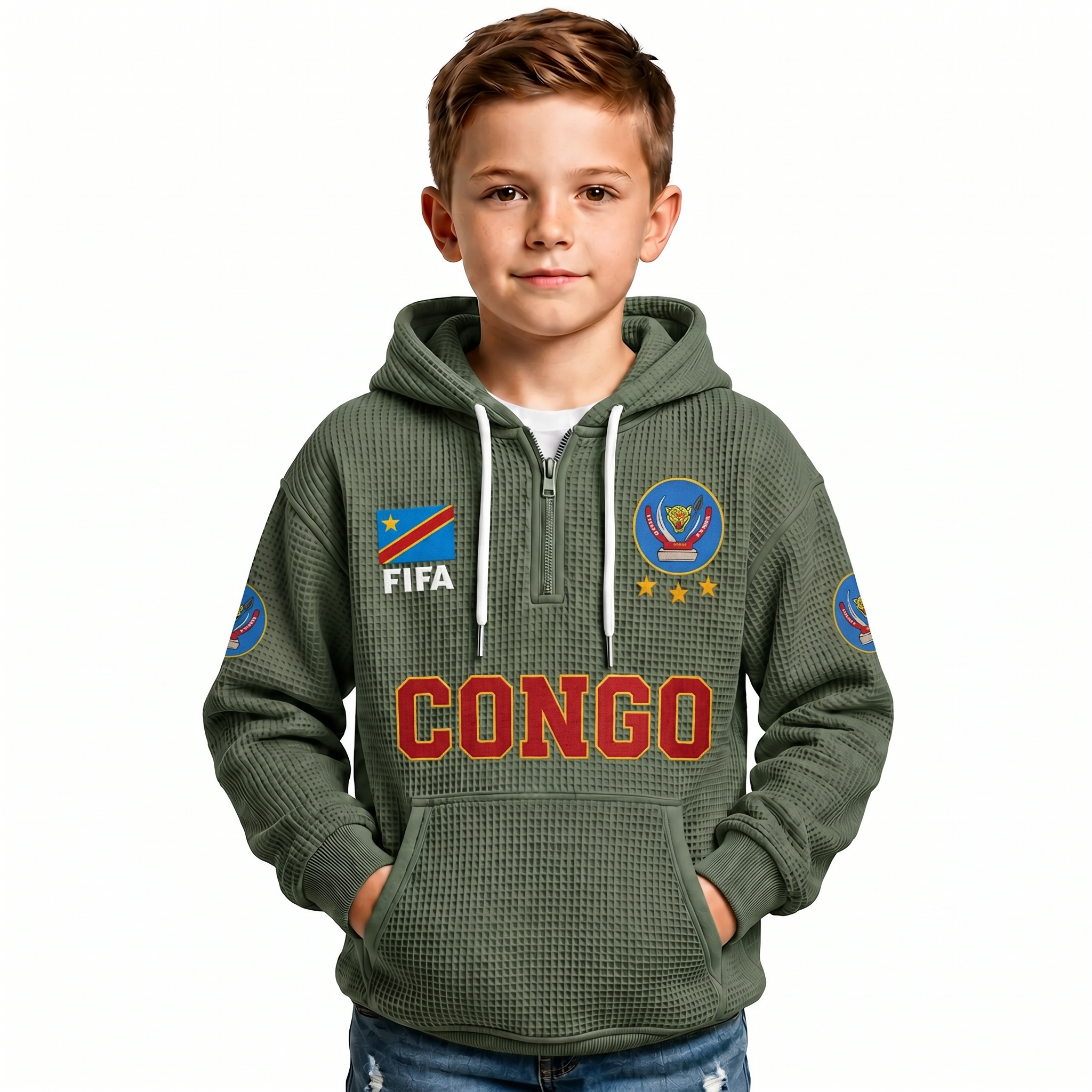 FIFA 2026 Democratic Republic Of The Congo Printed Waffle Quarter Zip Kids Football Fan Hoodie