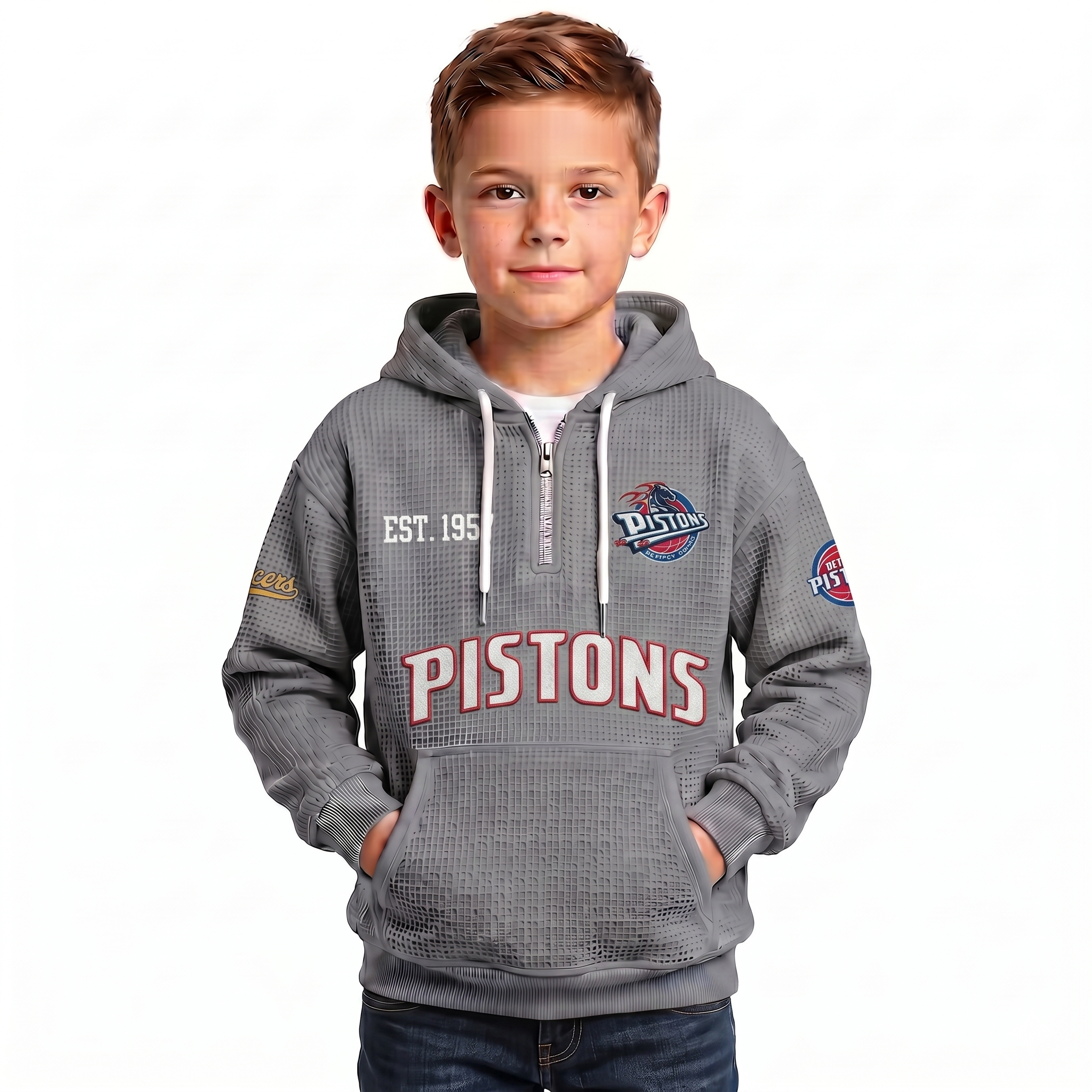 Detroit Pistons EST 1957 Kids Baseball Fan Printed Waffle Quarter Zip Hoodie