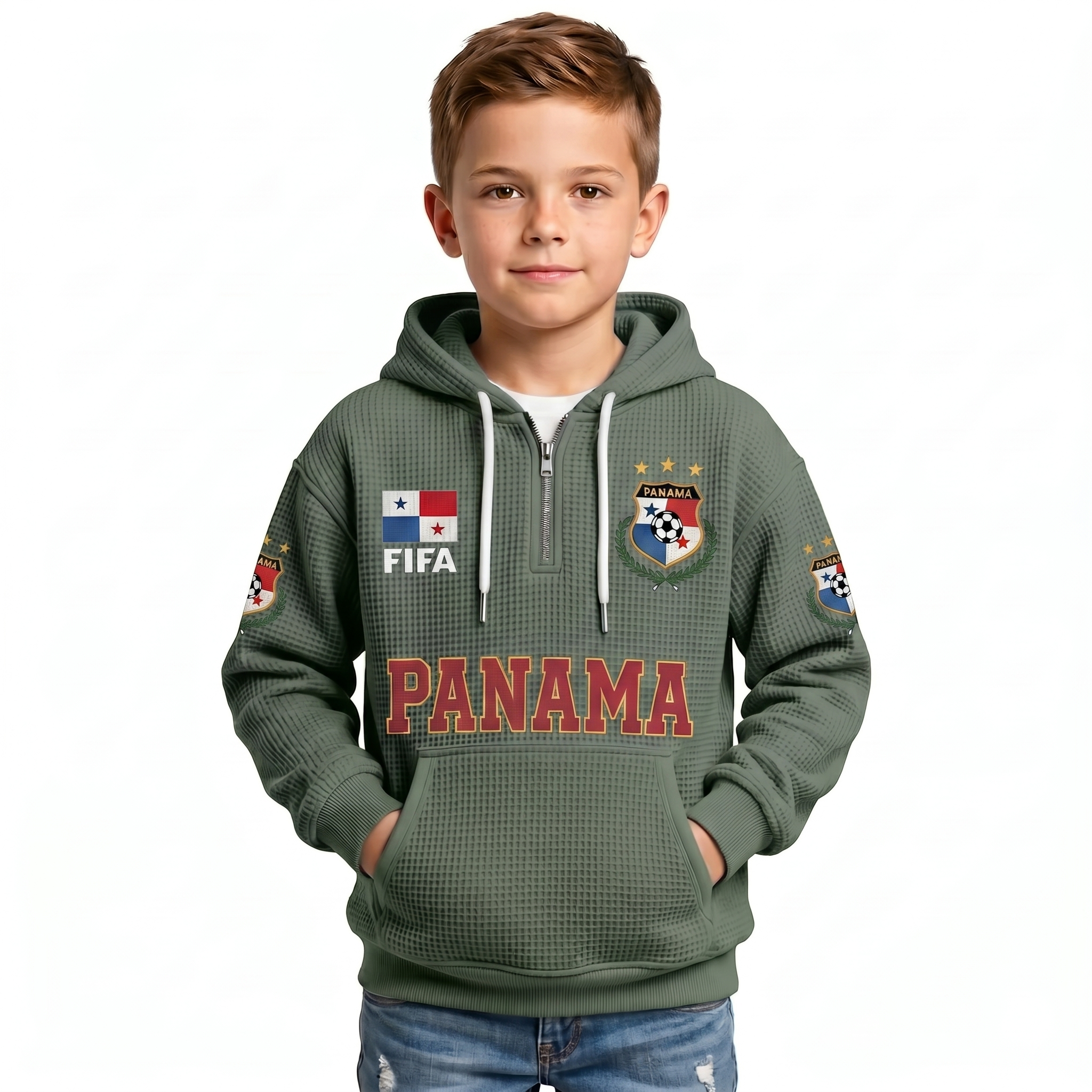 FIFA 2026 Panama Printed Waffle Quarter Zip Kids Football Fan Hoodie