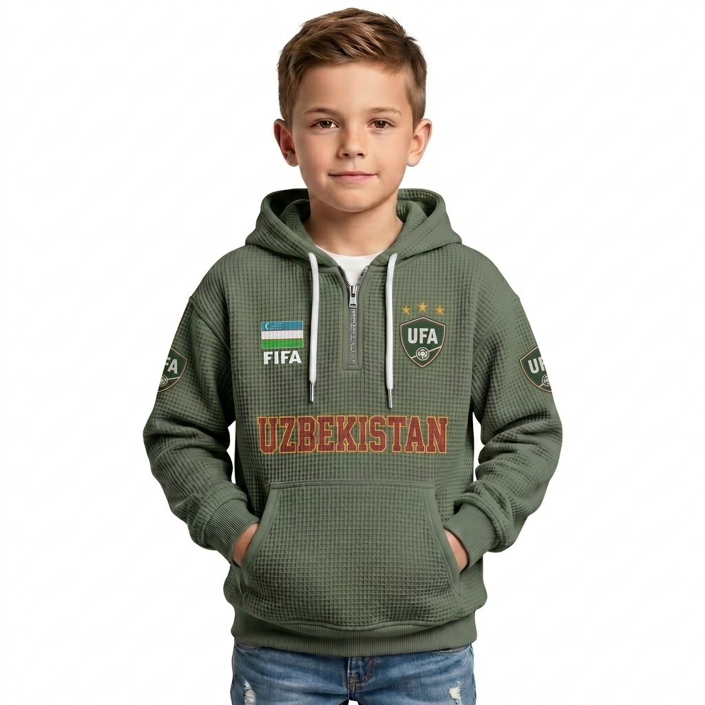 FIFA 2026 Uzbekistan Printed Waffle Quarter Zip Kids Football Fan Hoodie