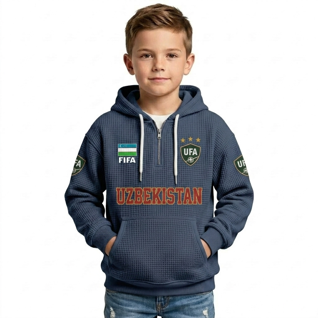 FIFA 2026 Uzbekistan Printed Waffle Quarter Zip Kids Football Fan Hoodie