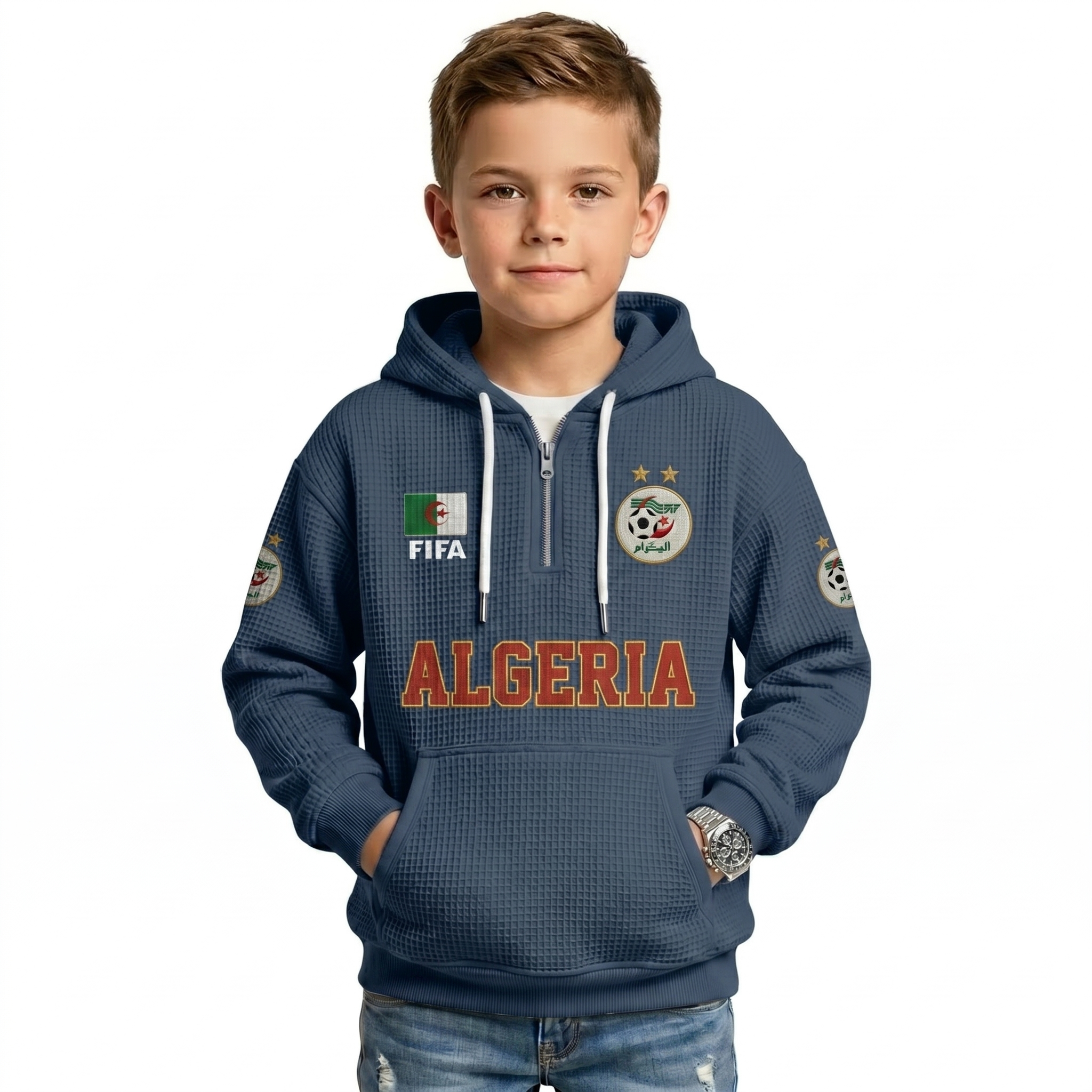 FIFA 2026 Algeria Printed Waffle Quarter Zip Kids Football Fan Hoodie