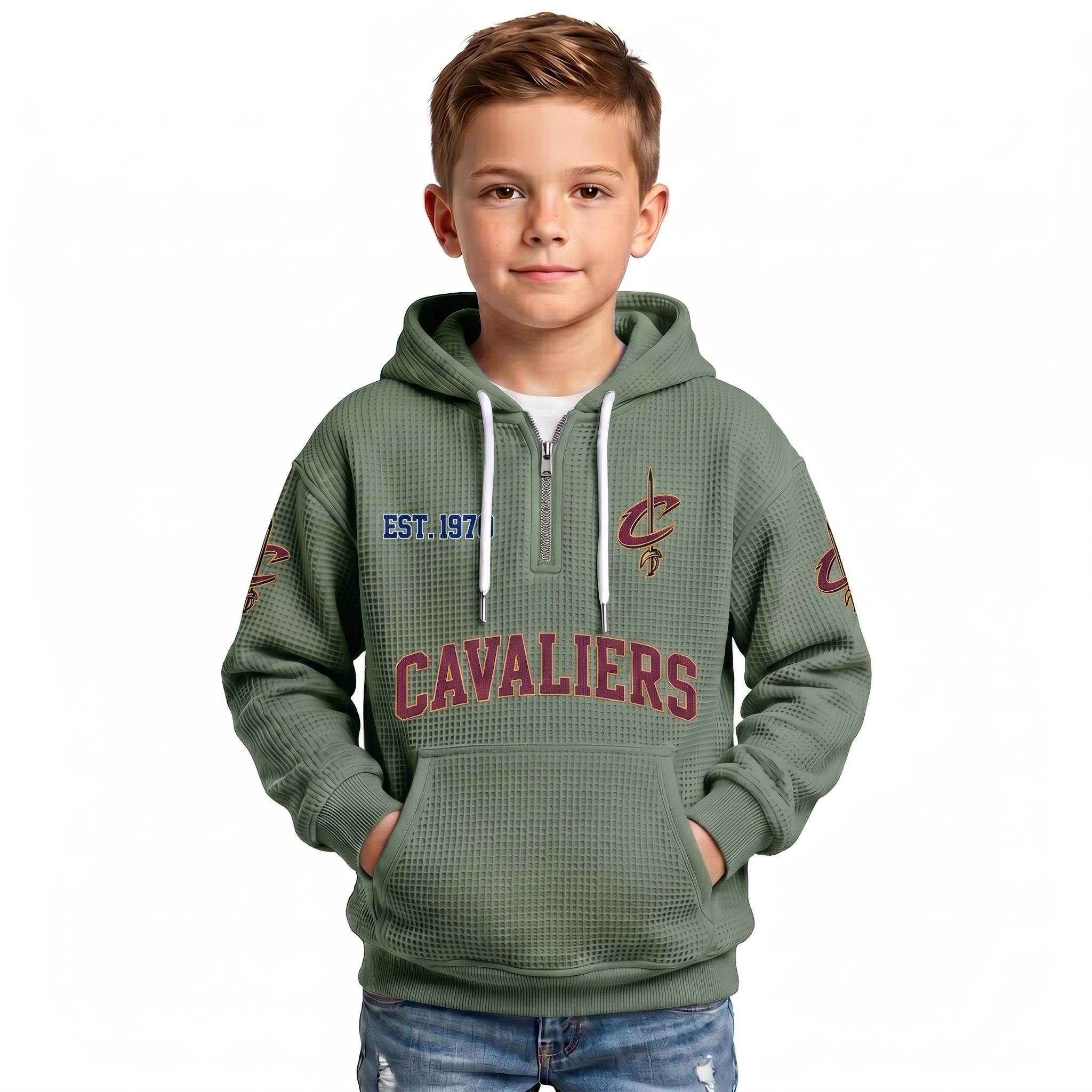 Cleveland Cavaliers EST 1970 Kids Baseball Fan Printed Waffle Quarter Zip Hoodie