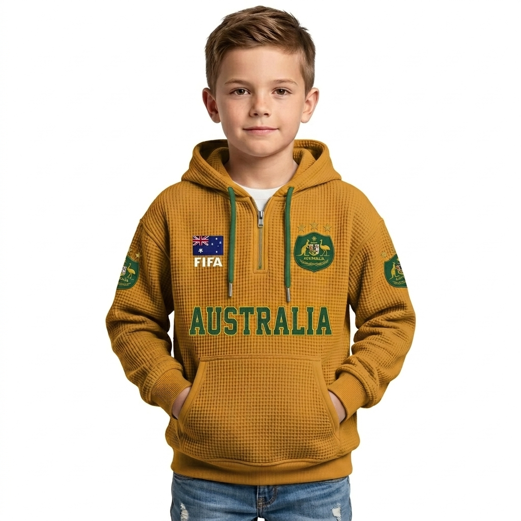 FIFA 2026 Australia Printed Waffle Quarter Zip Kids Football Fan Hoodie