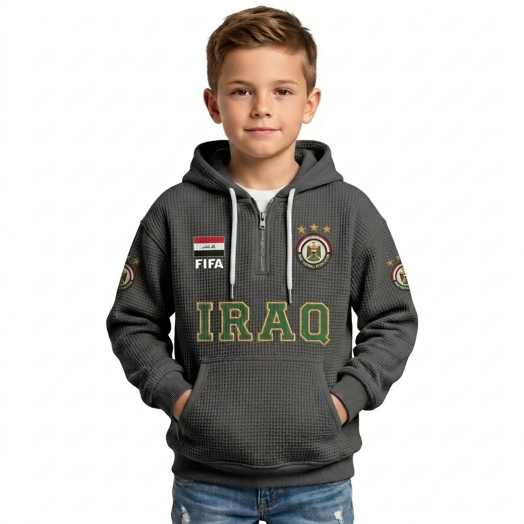 FIFA 2026 Iraq Printed Waffle Quarter Zip Kids Football Fan Hoodie