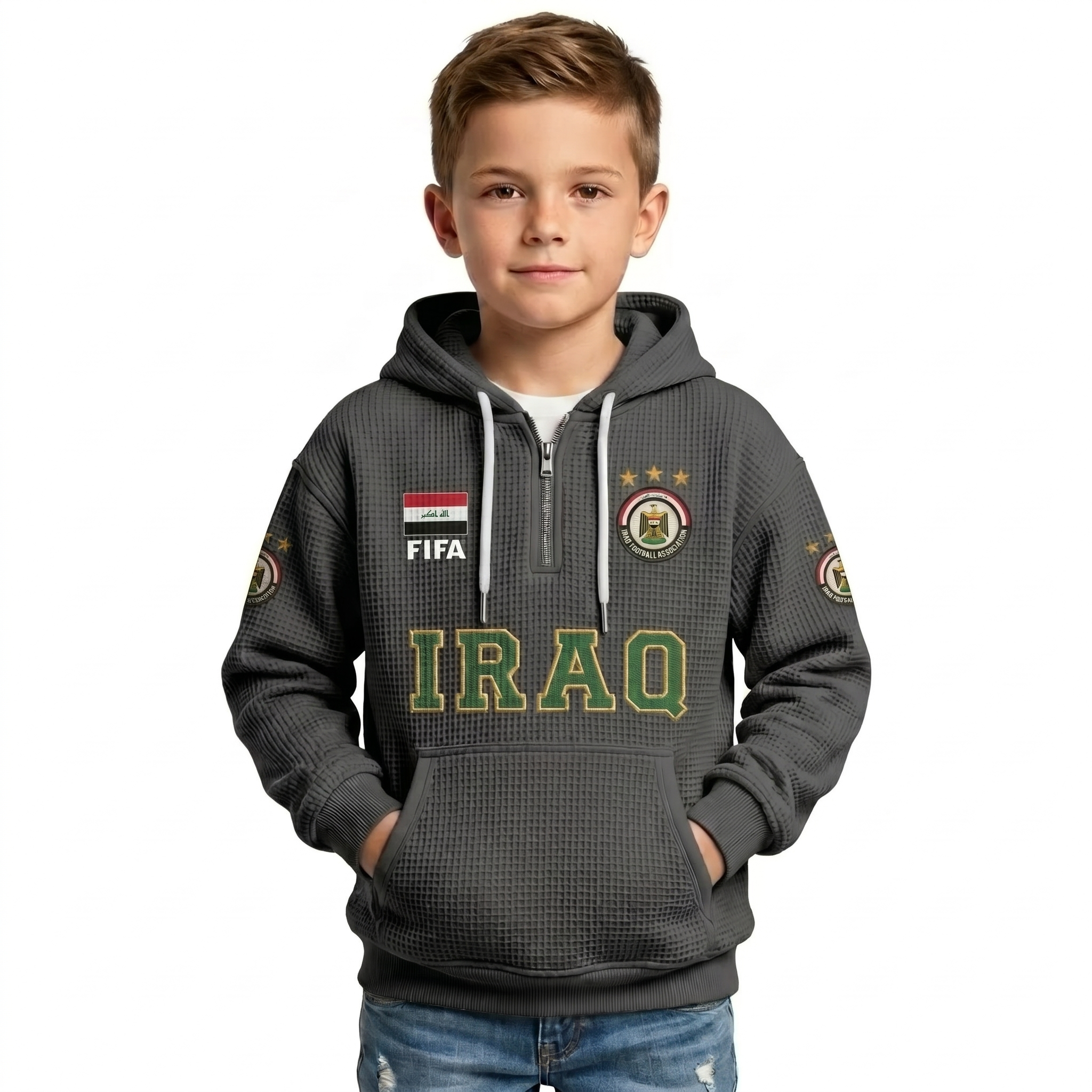 FIFA 2026 Iraq Printed Waffle Quarter Zip Kids Football Fan Hoodie