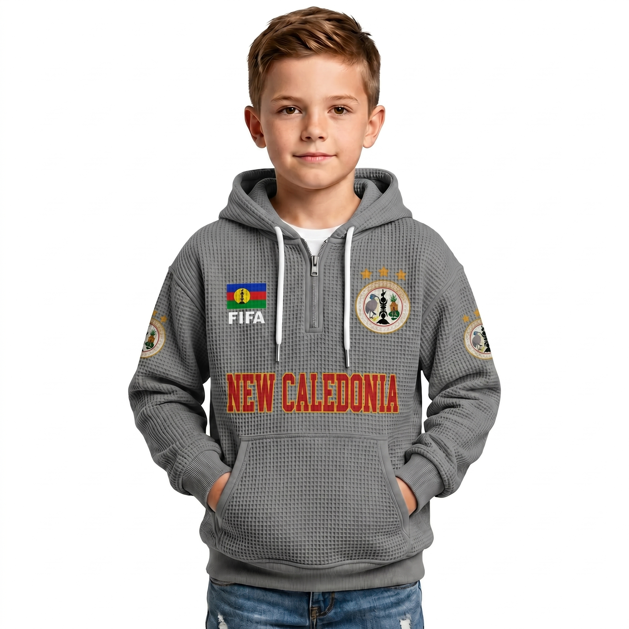 FIFA 2026 Caledonia Printed Waffle Quarter Zip Kids Football Fan Hoodie