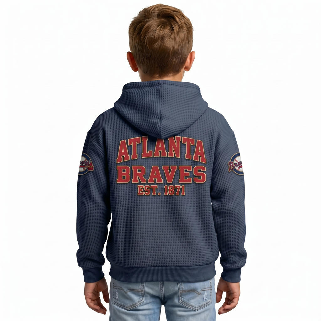 Atlanta Braves EST 1871 Kids Baseball Fan Printed Waffle Quarter Zip Hoodie