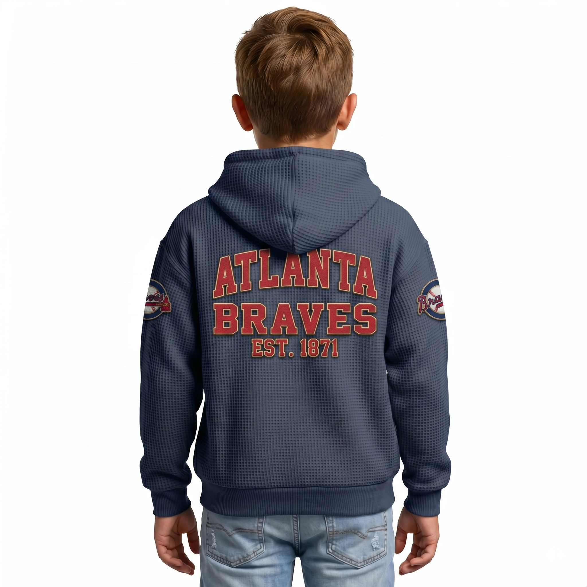 Atlanta Braves EST 1871 Kids Baseball Fan Printed Waffle Quarter Zip Hoodie