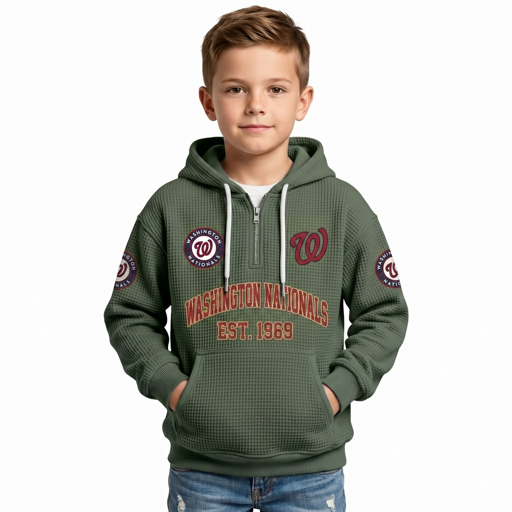 Washington Nationals EST 1969 Kids Baseball Fan Printed Waffle Quarter Zip Hoodie