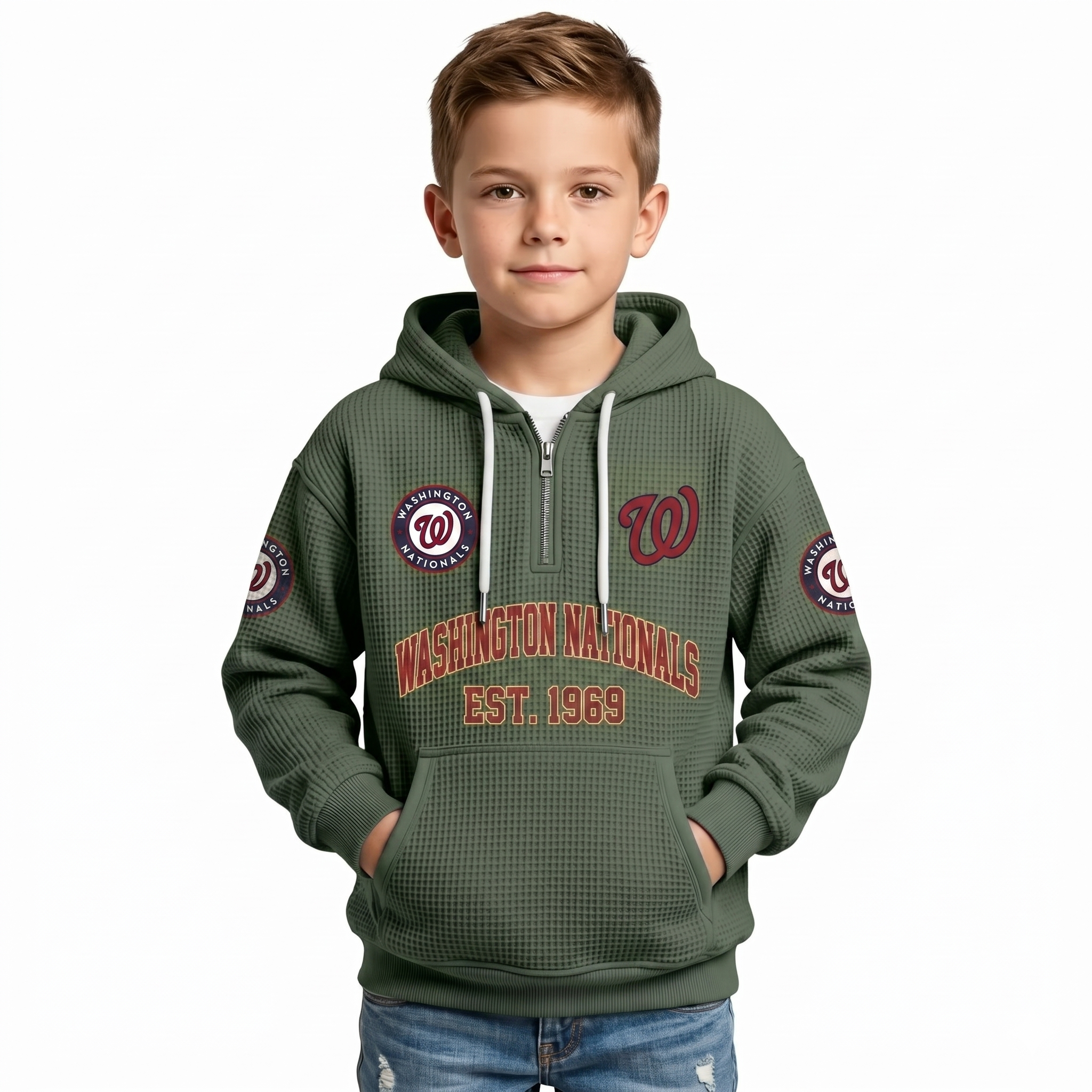 Washington Nationals EST 1969 Kids Baseball Fan Printed Waffle Quarter Zip Hoodie