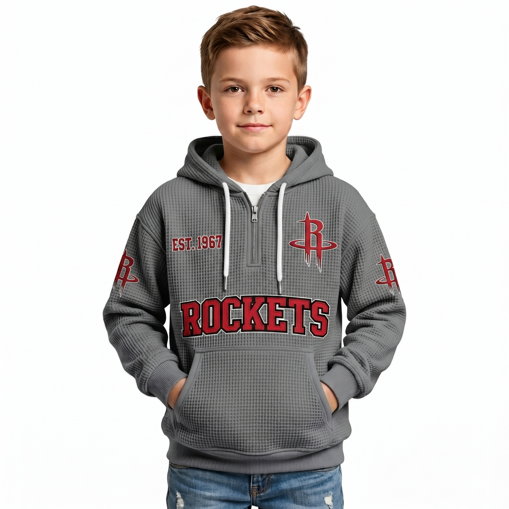 Houston Rockets EST 1967 Kids Baseball Fan Printed Waffle Quarter Zip Hoodie