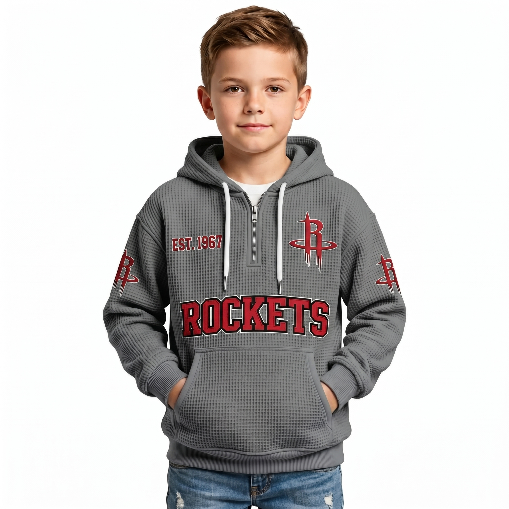 Houston Rockets EST 1967 Kids Baseball Fan Printed Waffle Quarter Zip Hoodie