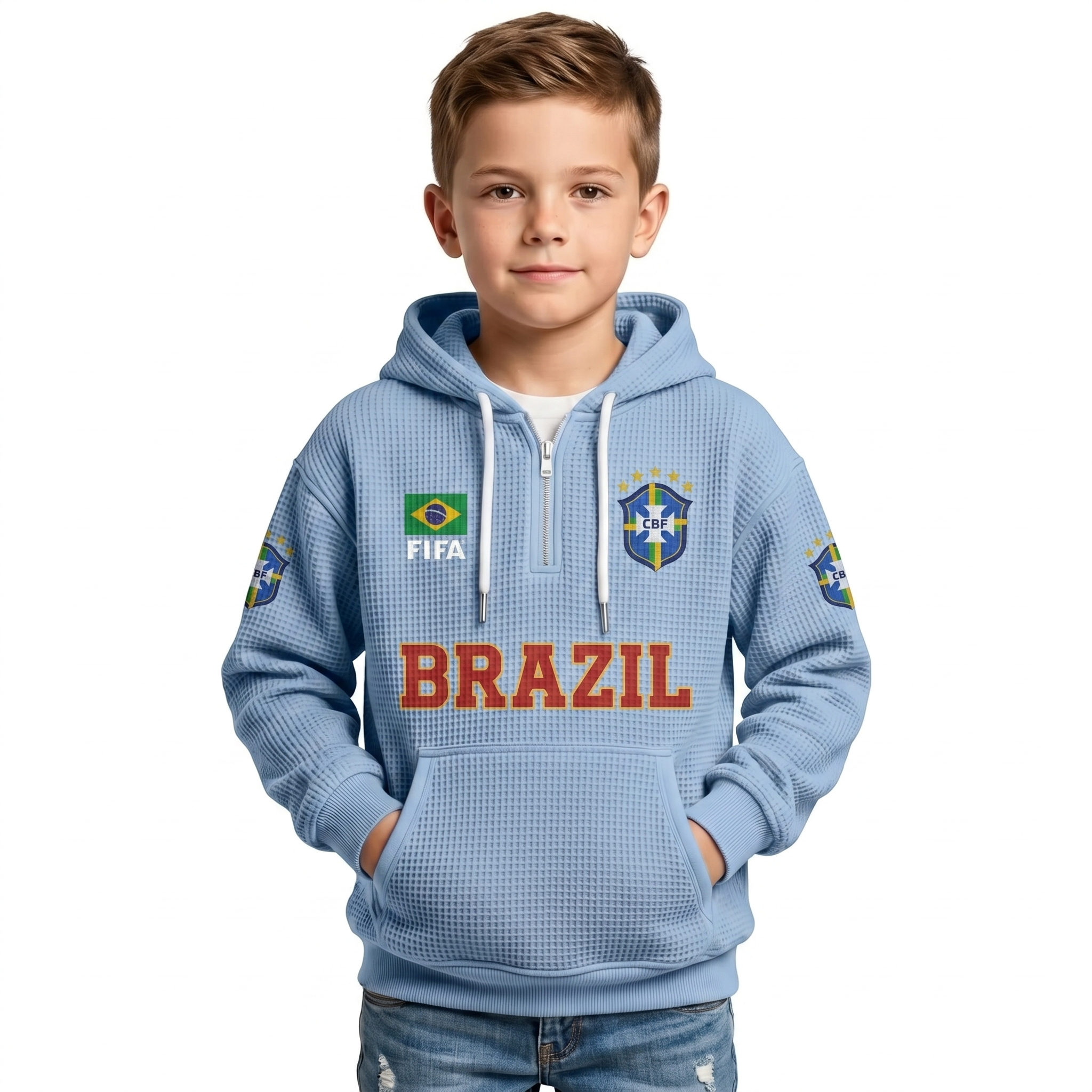 FIFA 2026 Brazil Printed Waffle Quarter Zip Kids Football Fan Hoodie