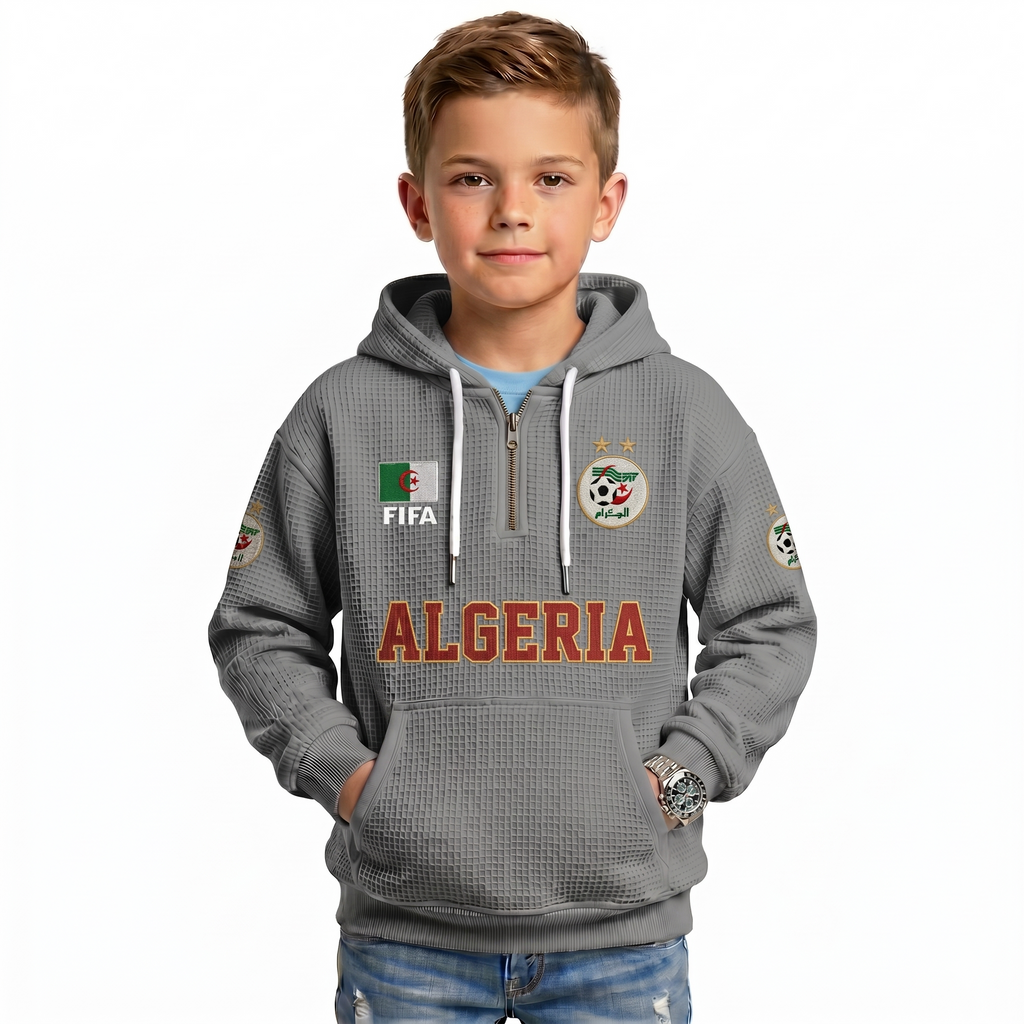FIFA 2026 Algeria Printed Waffle Quarter Zip Kids Football Fan Hoodie
