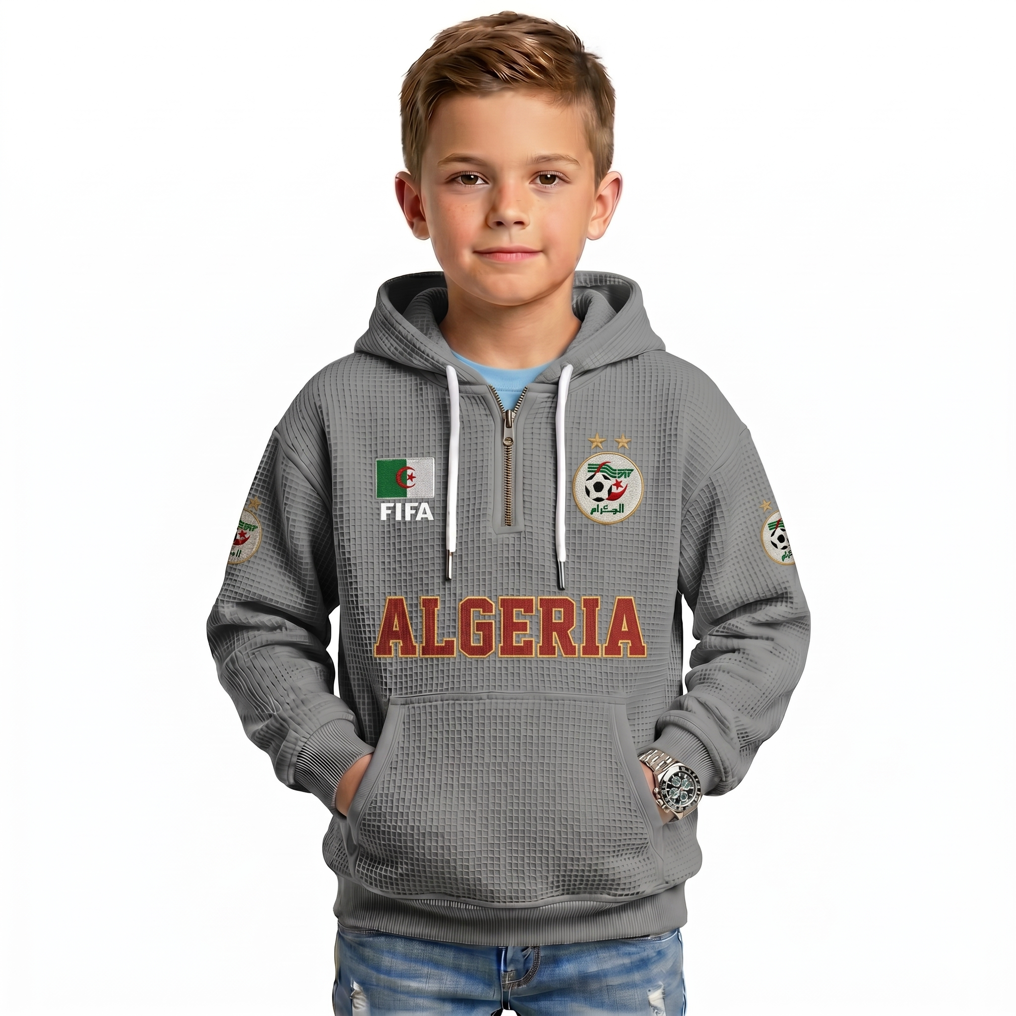 FIFA 2026 Algeria Printed Waffle Quarter Zip Kids Football Fan Hoodie