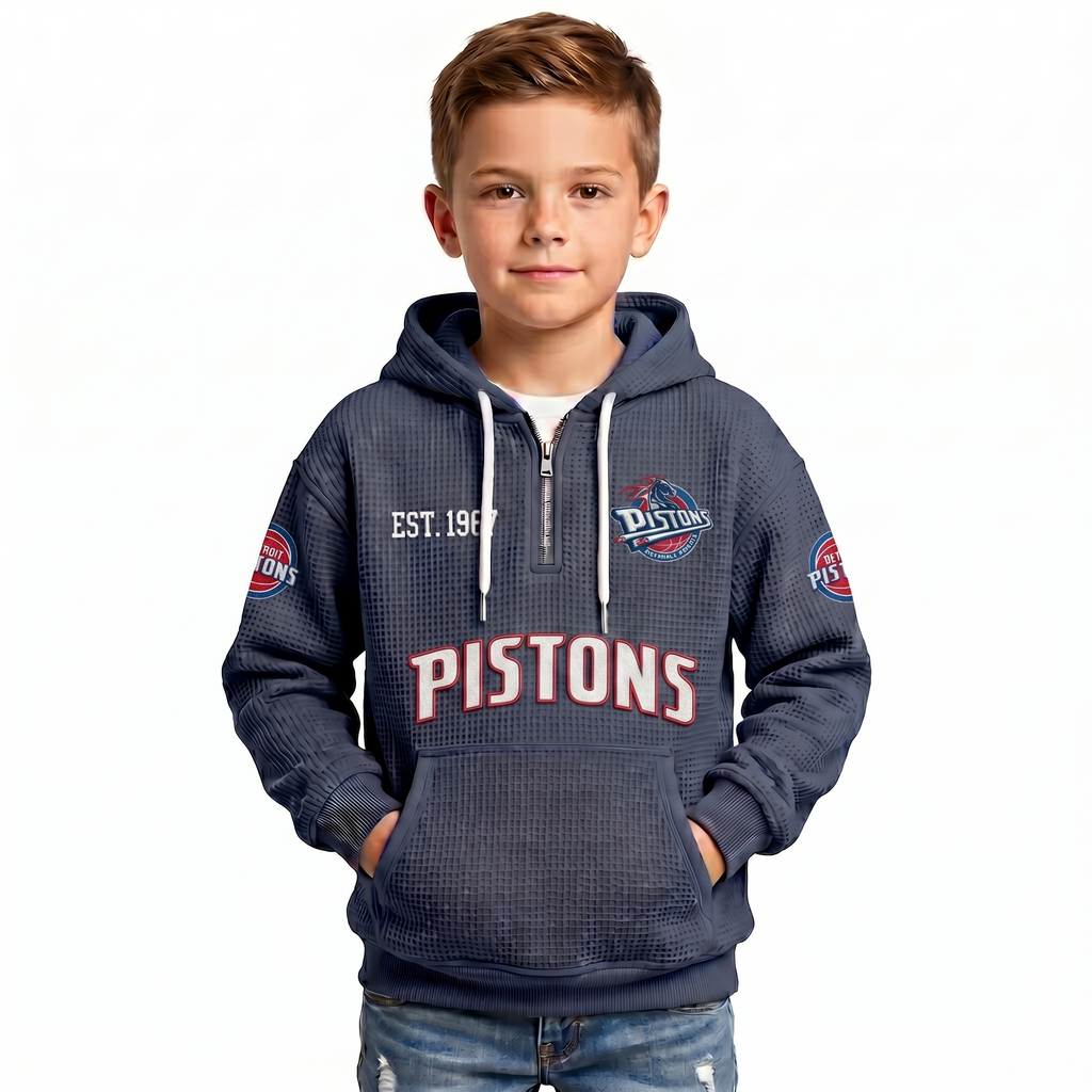 Detroit Pistons EST 1957 Kids Baseball Fan Printed Waffle Quarter Zip Hoodie