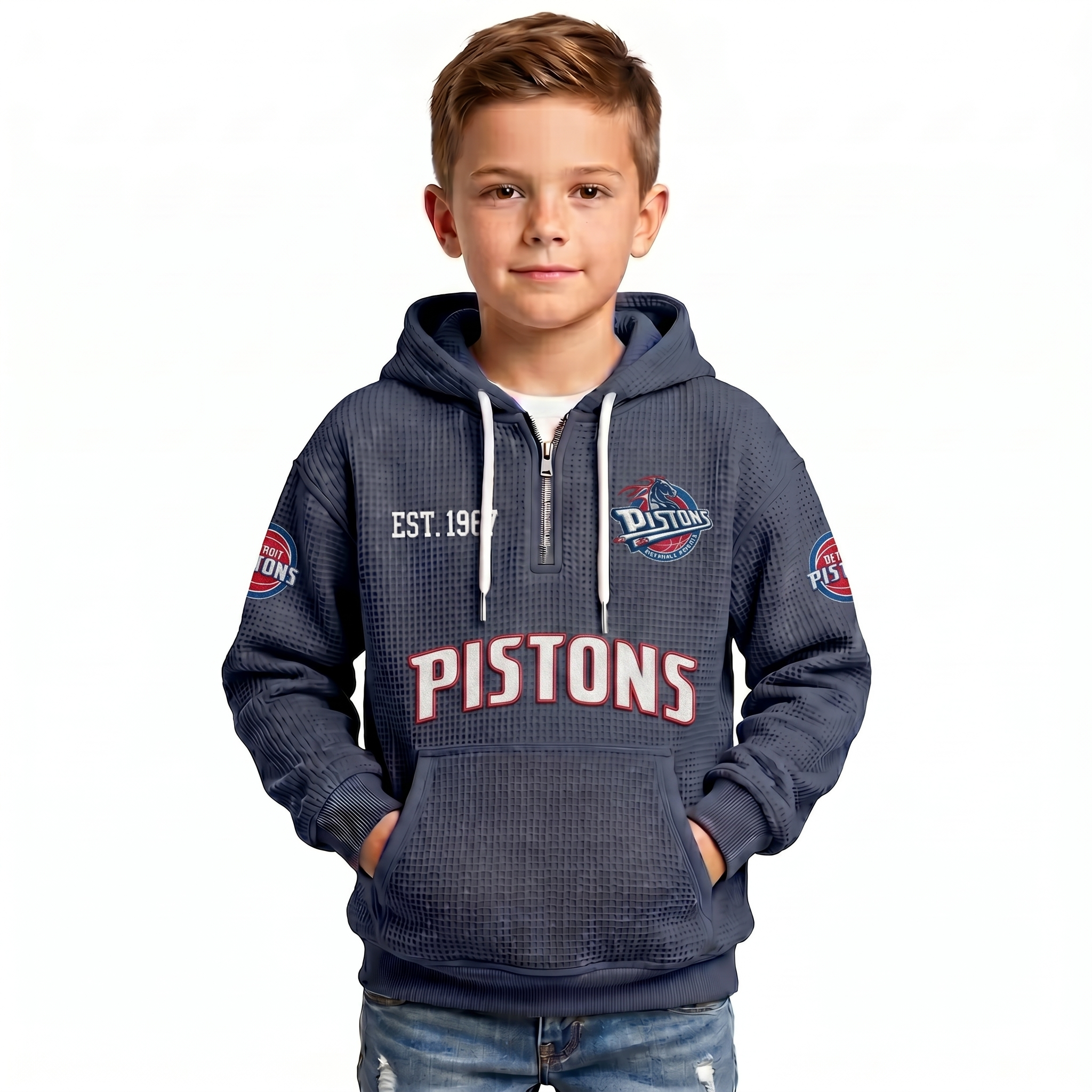 Detroit Pistons EST 1957 Kids Baseball Fan Printed Waffle Quarter Zip Hoodie