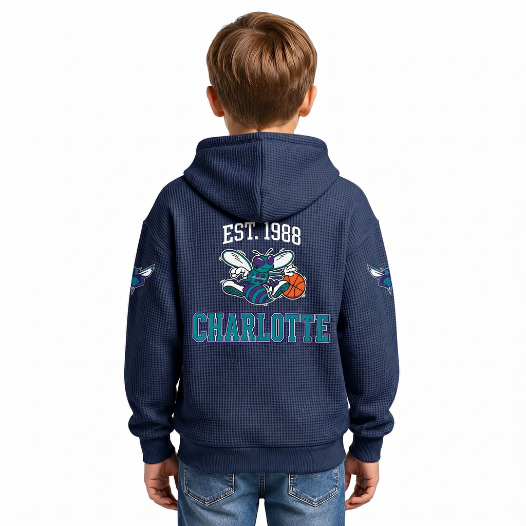 Charlotte Hornets EST 1988 Kids Baseball Fan Printed Waffle Quarter Zip Hoodie