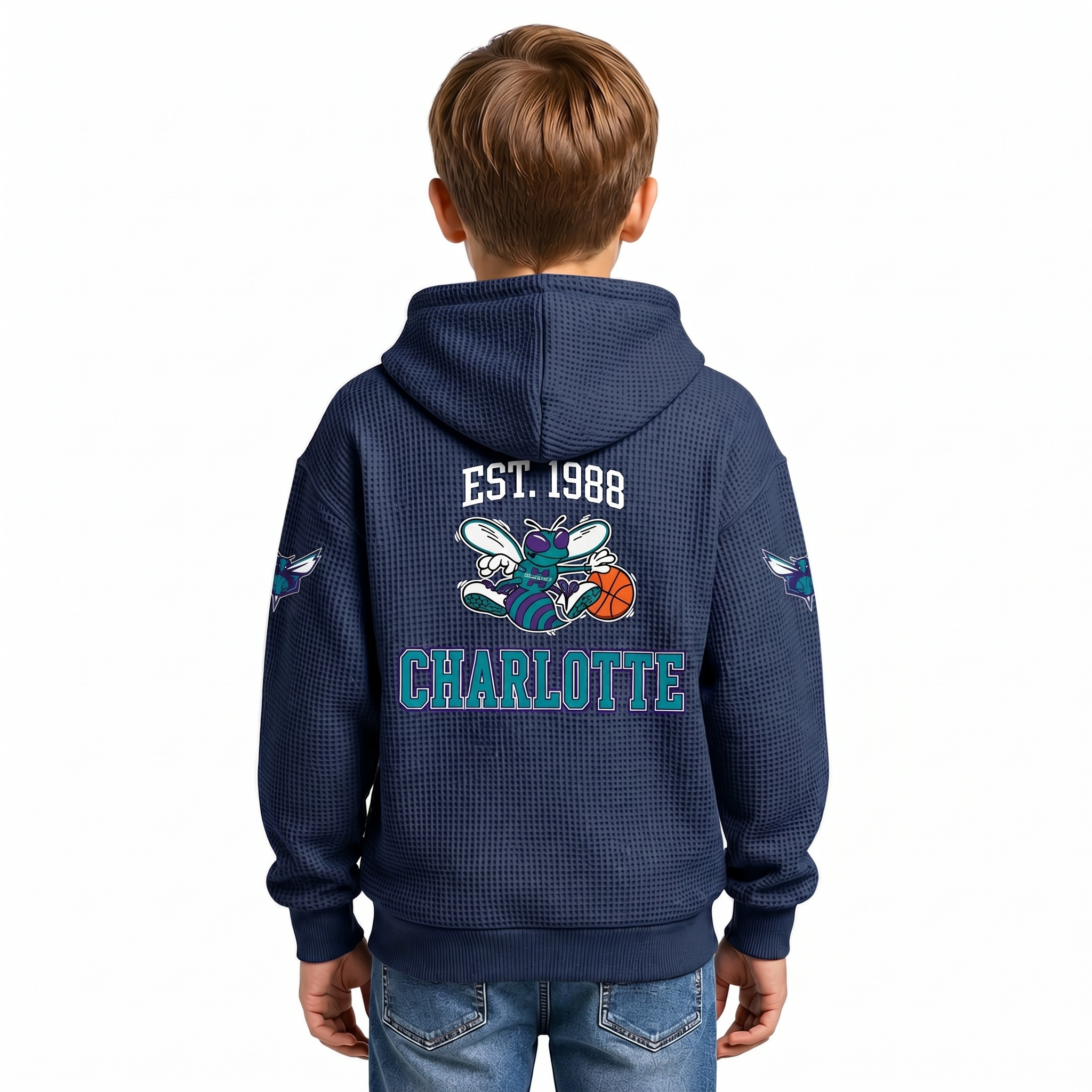 Charlotte Hornets EST 1988 Kids Baseball Fan Printed Waffle Quarter Zip Hoodie