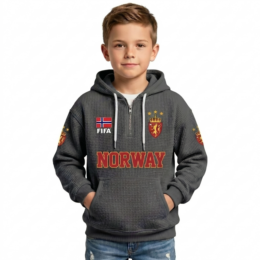 FIFA 2026 Norway Printed Waffle Quarter Zip Kids Football Fan Hoodie
