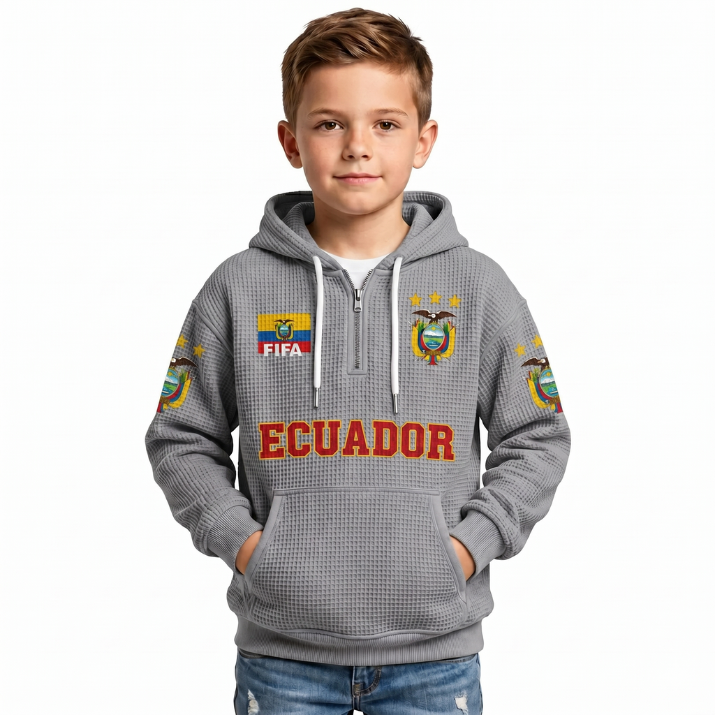 FIFA 2026 Ecuador Printed Waffle Quarter Zip Kids Football Fan Hoodie