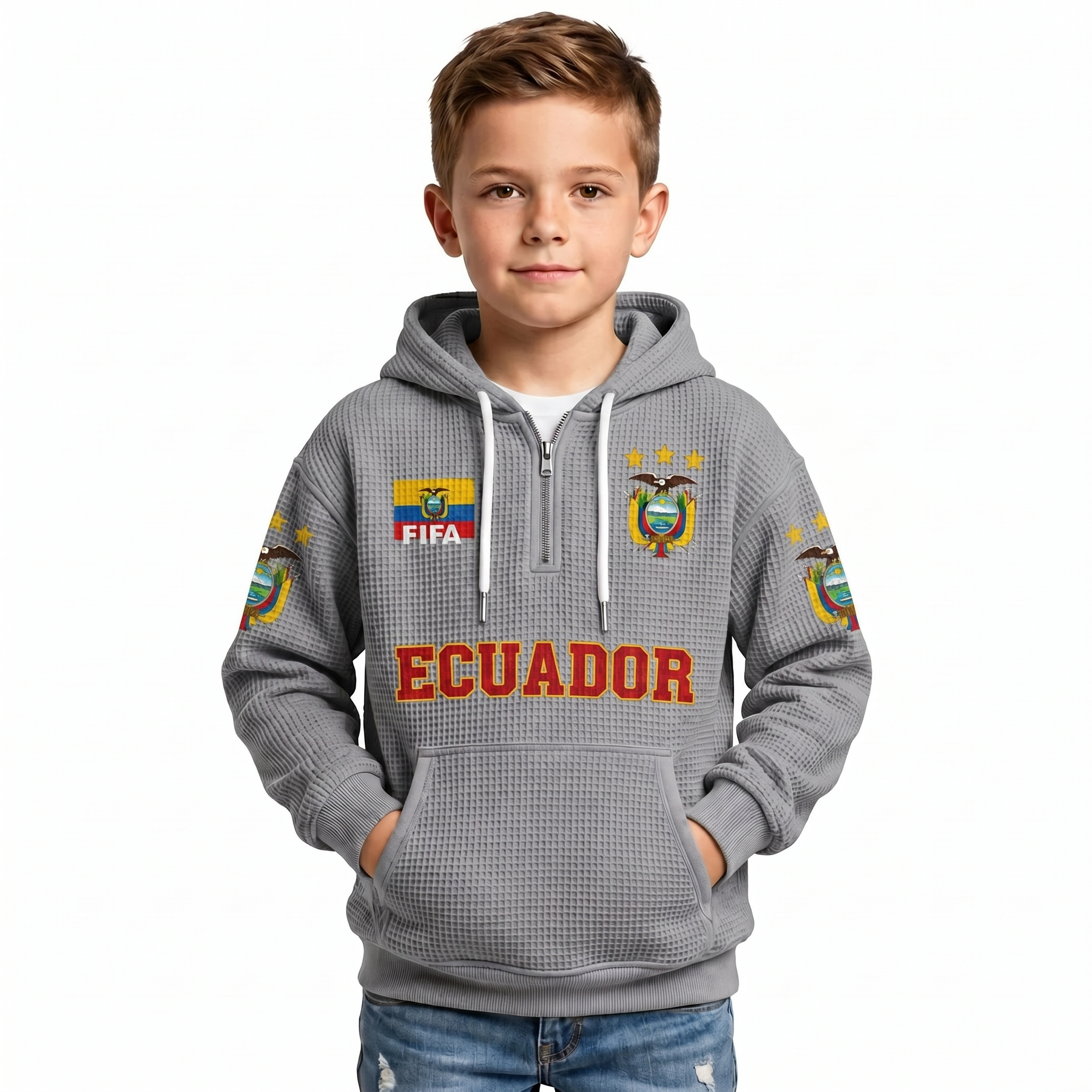 FIFA 2026 Ecuador Printed Waffle Quarter Zip Kids Football Fan Hoodie