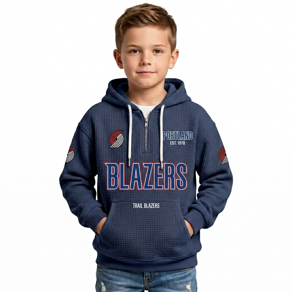 Portland Trail Blazers EST 1970 Kids Baseball Fan Printed Waffle Quarter Zip Hoodie