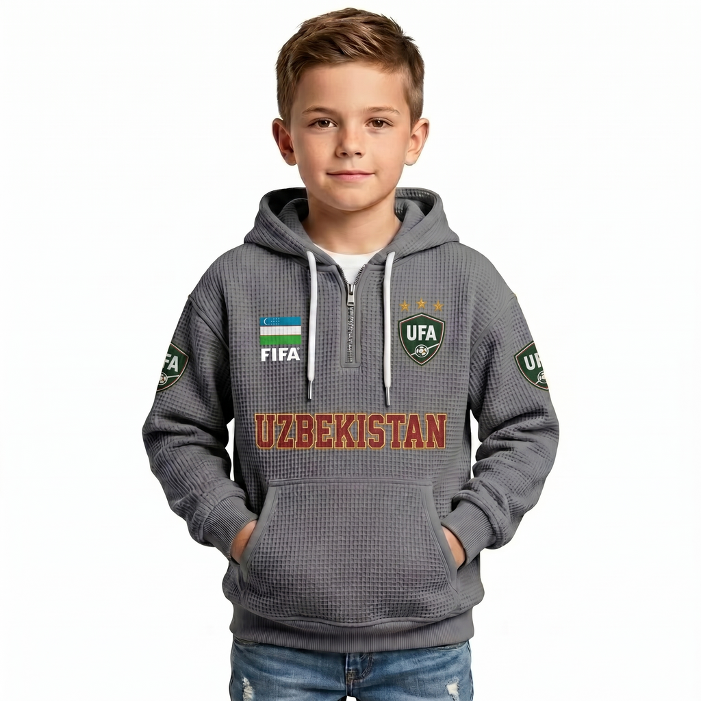 FIFA 2026 Uzbekistan Printed Waffle Quarter Zip Kids Football Fan Hoodie