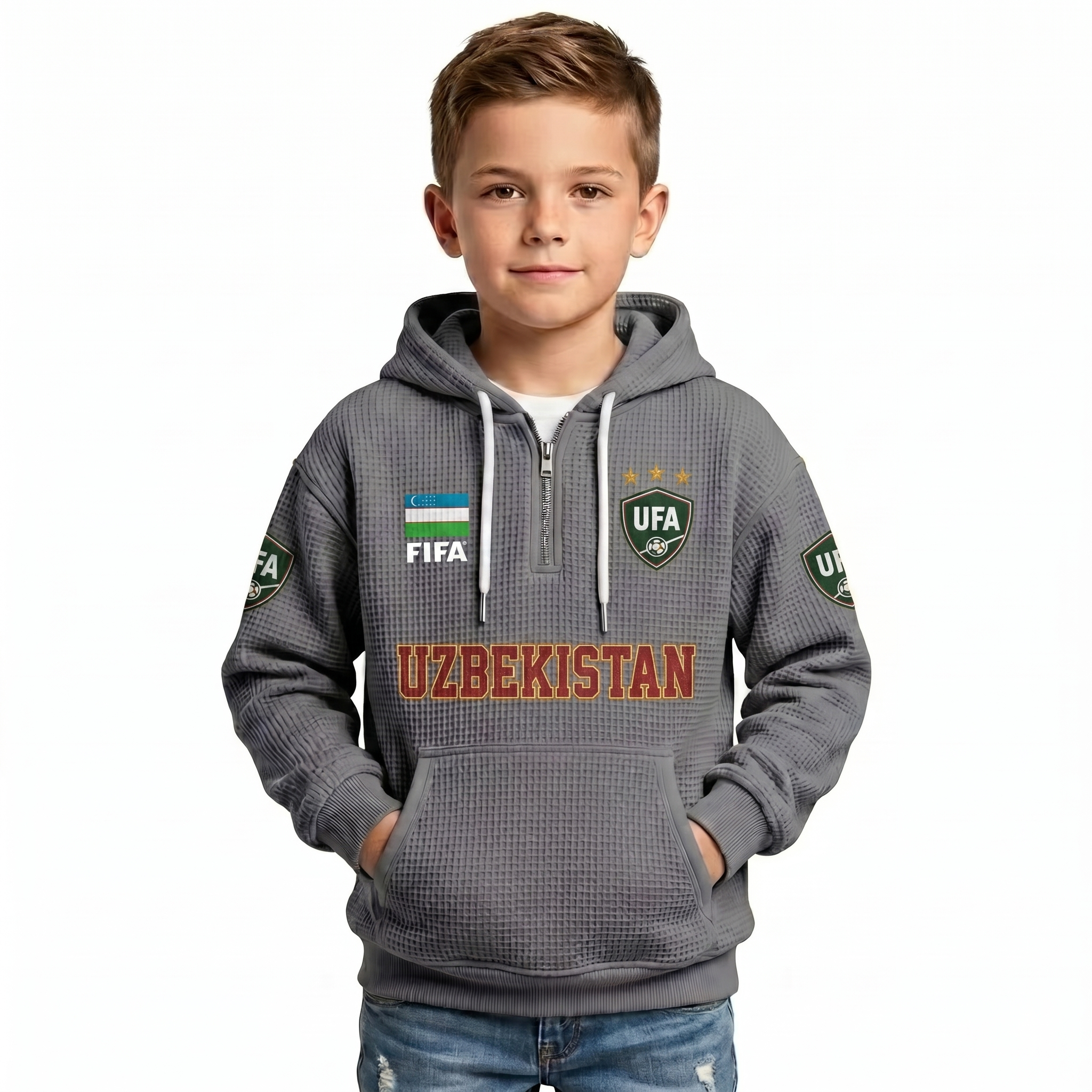 FIFA 2026 Uzbekistan Printed Waffle Quarter Zip Kids Football Fan Hoodie