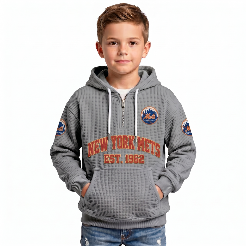 New York Mets EST 1962 Kids Baseball Fan Printed Waffle Quarter Zip Hoodie